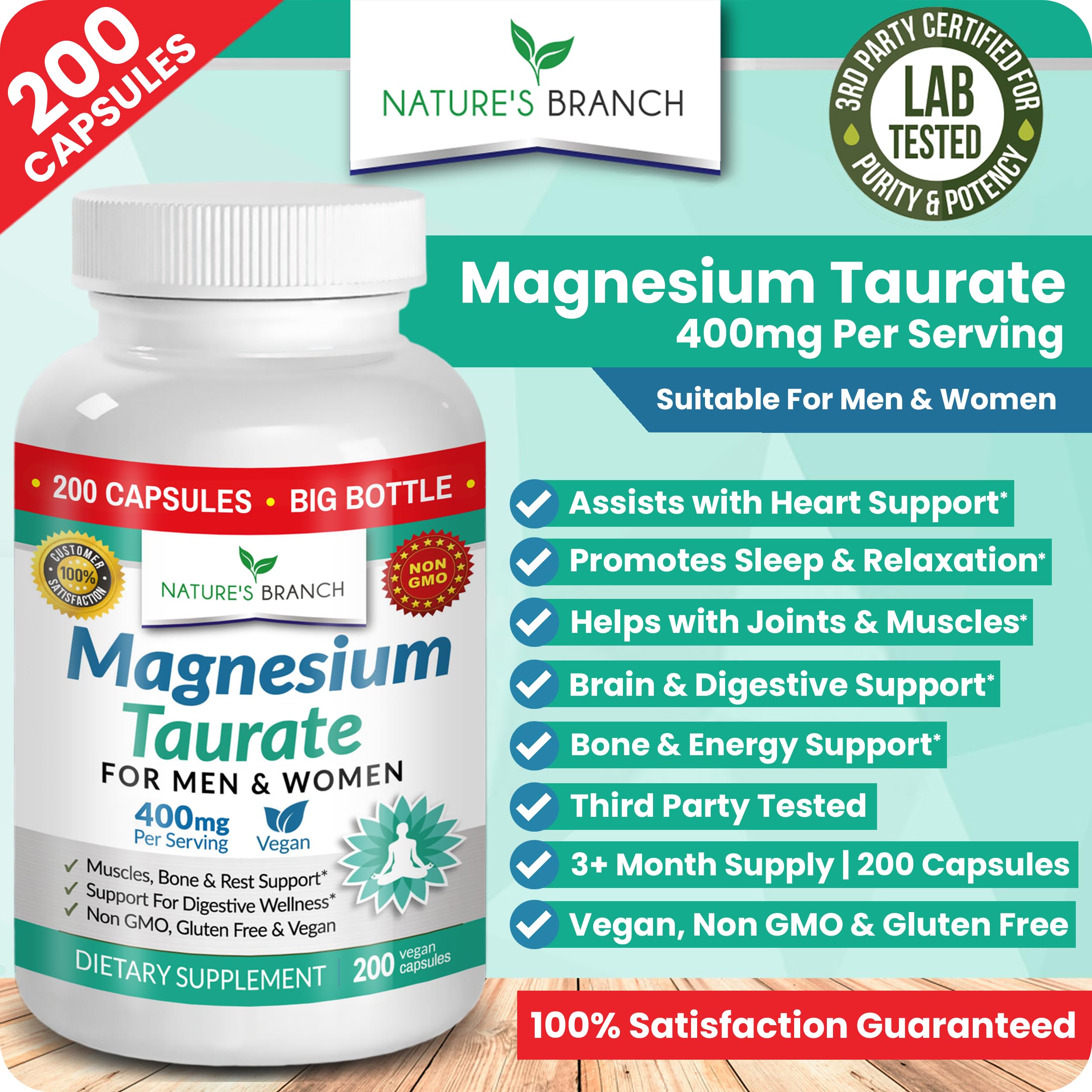 NATURE'S BRANCH Magnesio Taurato 400 mg: cápsulas de absorción elevada.