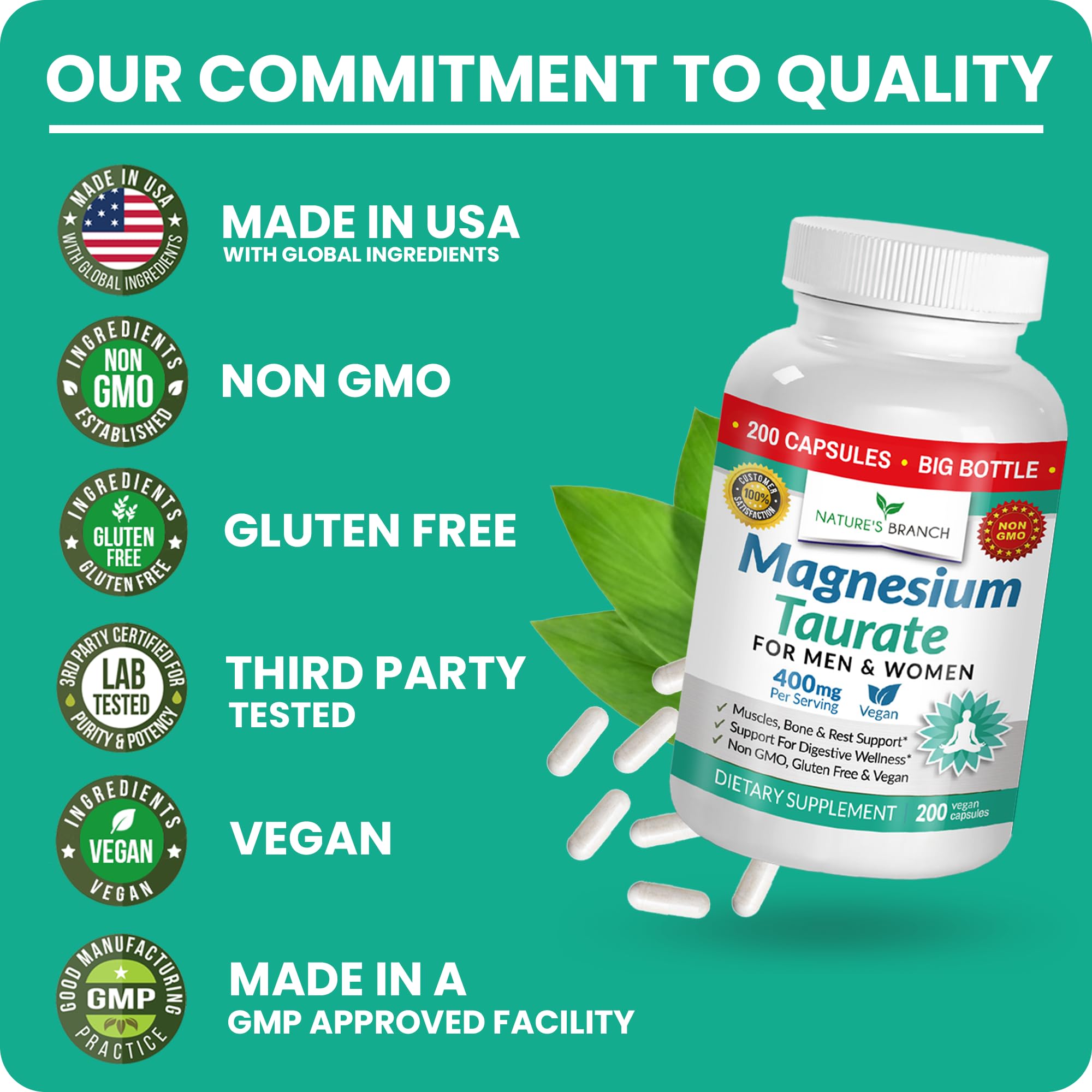 NATURE'S BRANCH Magnesio Taurato 400 mg: taurina incluida para apoyo.