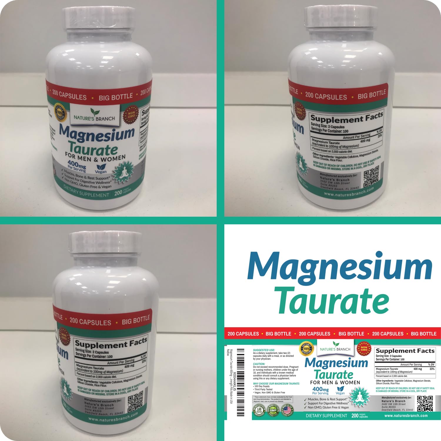 NATURE'S BRANCH Magnesio Taurato 400 mg: cápsulas pequeñas de alta absorción.