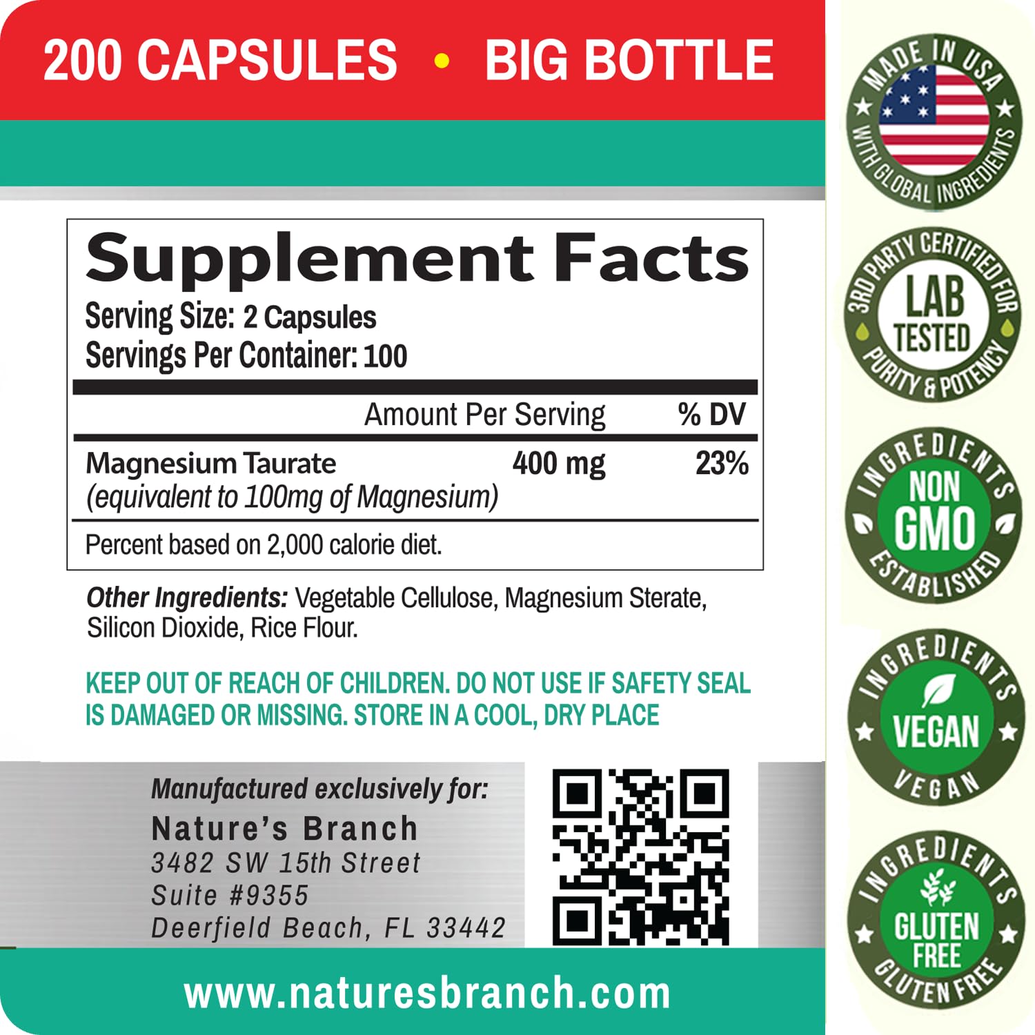 NATURE'S BRANCH Magnesio Taurato 400 mg: probado por terceros.