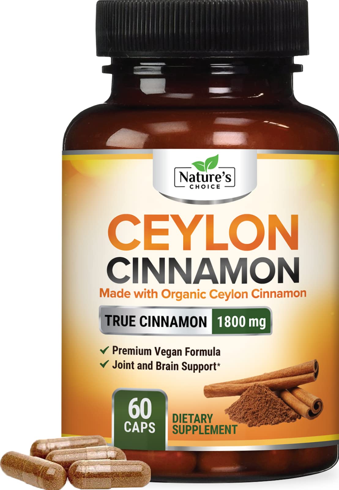 Nature's Choice Canela Ceilan orgánica 1800 mg cápsulas, impulso de energía diario.