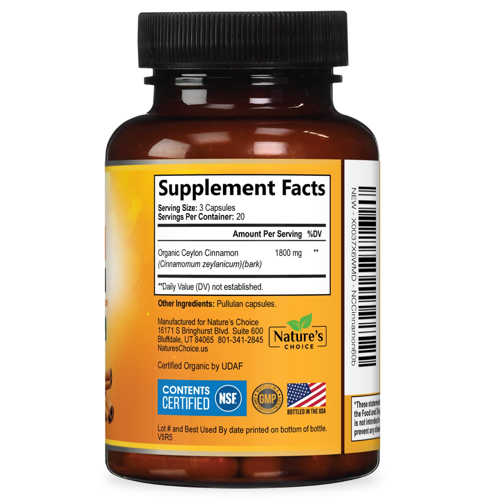 Nature's Choice Canela Ceilan orgánica 1800 mg cuidado del bienestar diario.