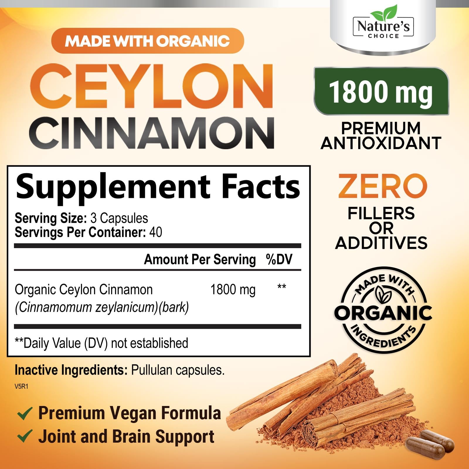 Nature's Choice cápsulas de canela Ceilan 1800mg: toma fácil para antioxidantes.