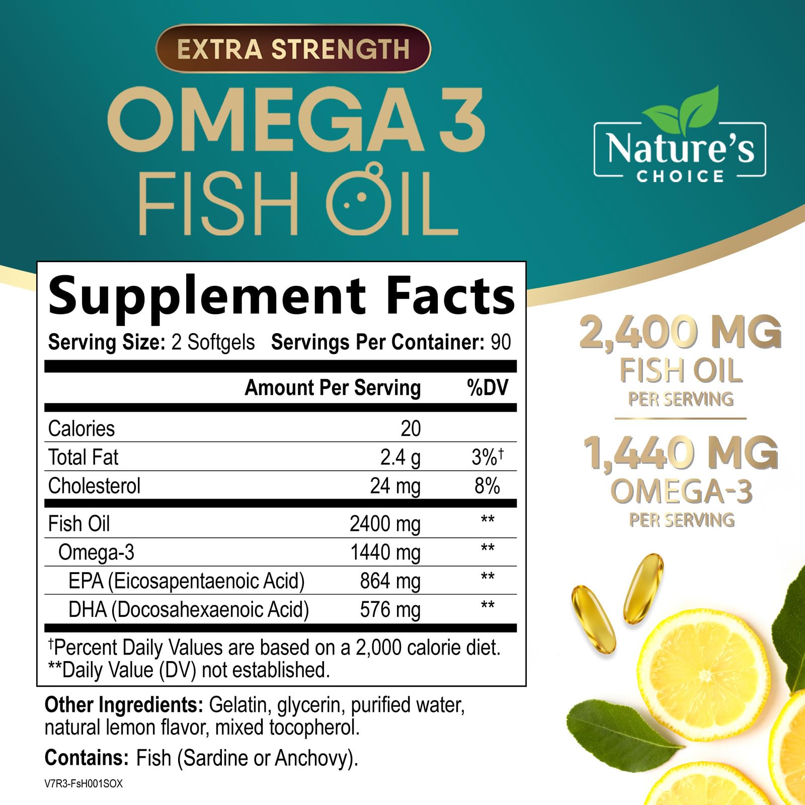 Nature's Choice Omega-3 etiqueta frontal, información clara para decidir.