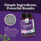 Natures Craft 5HTP botella en mesa nocturna para bienestar emocional.