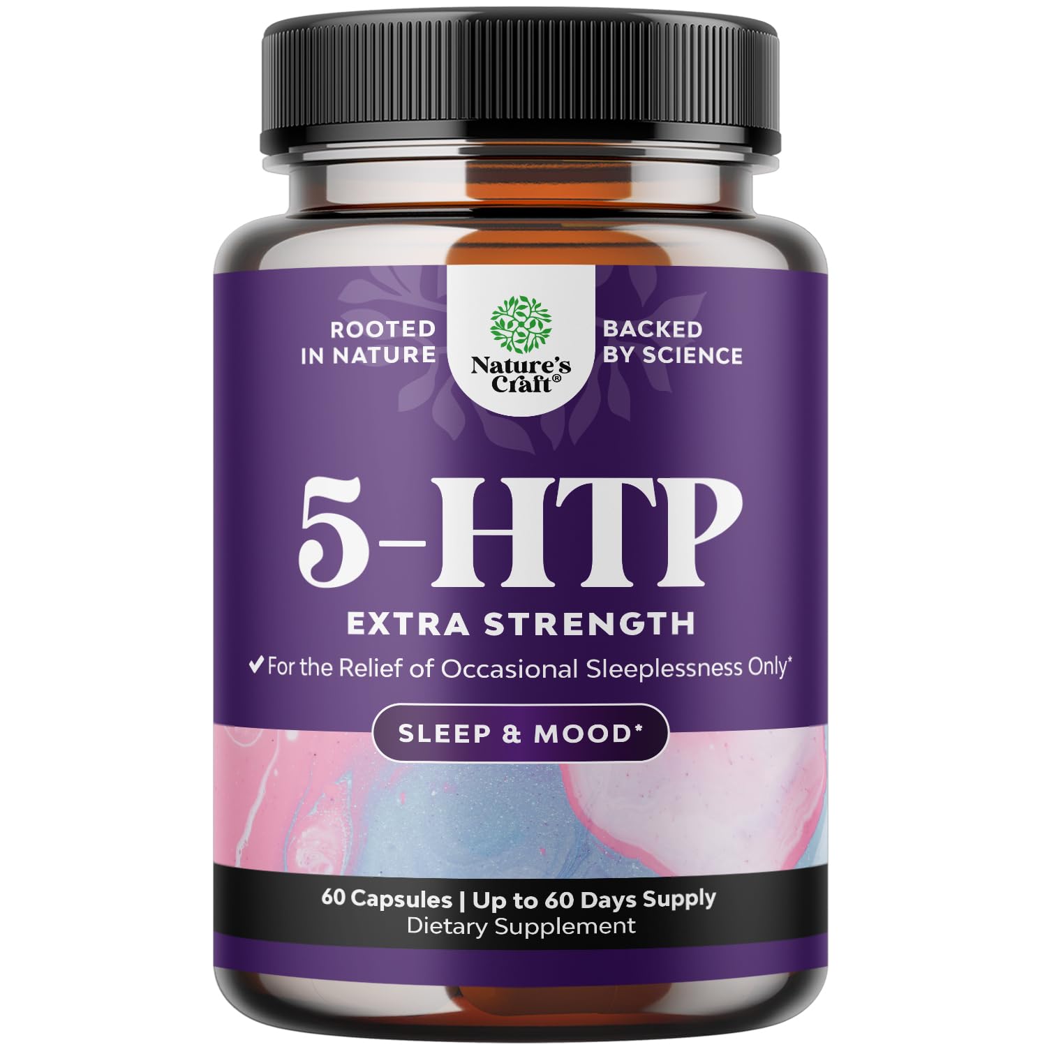 Natures Craft 5HTP cápsulas 100mg en botella para apoyo al sueño.