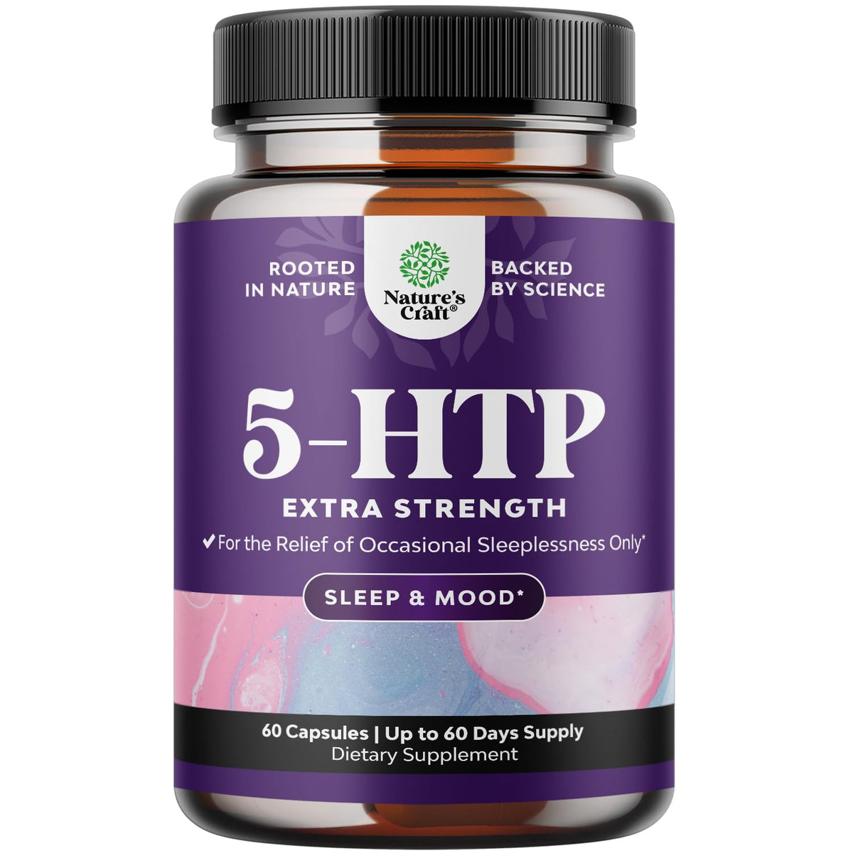 Natures Craft 5HTP cápsulas 100mg en botella para apoyo al sueño.