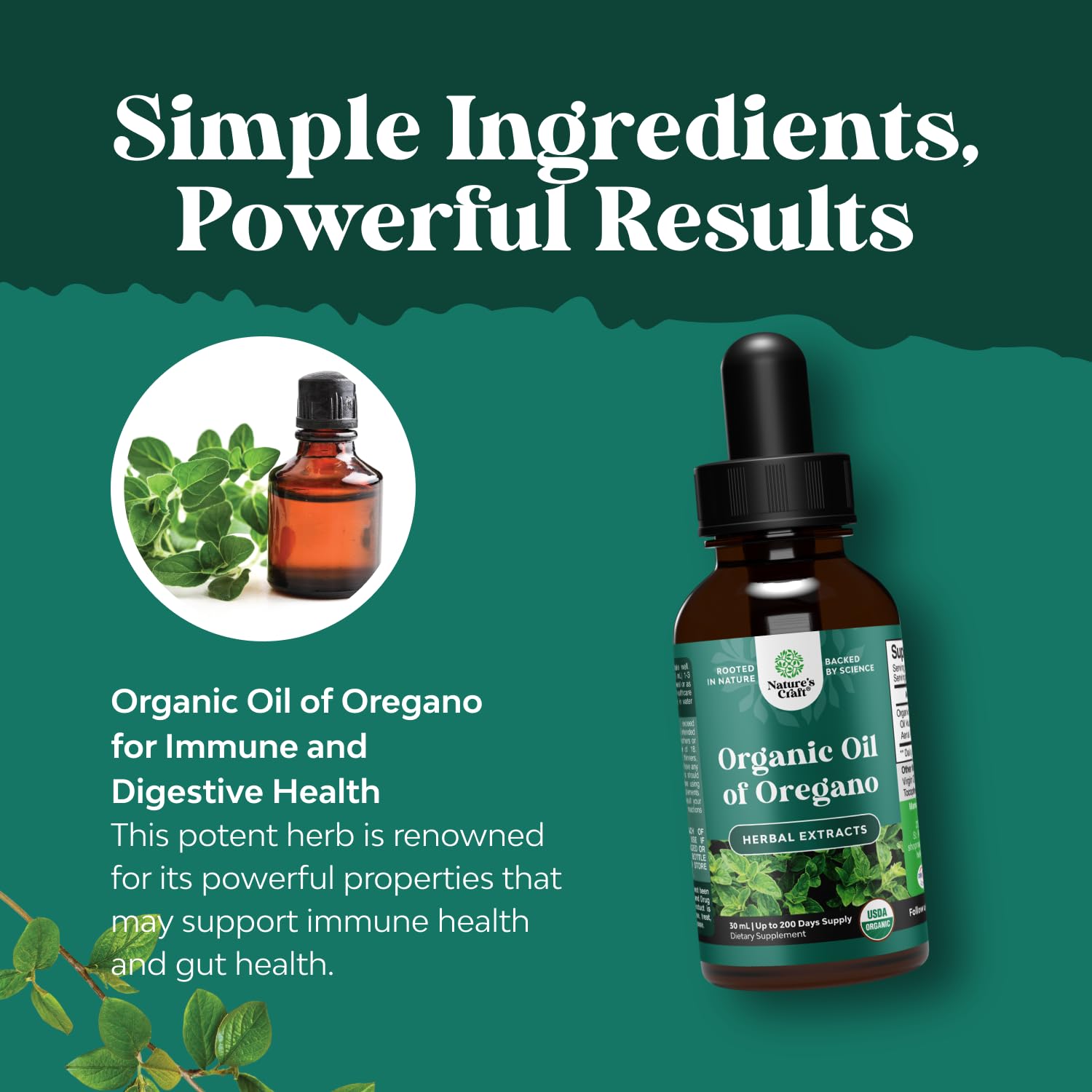 Nature's Craft Aceite de Orégano Orgánico, frasco — contiene carvacrol y thymol para apoyo herbal.