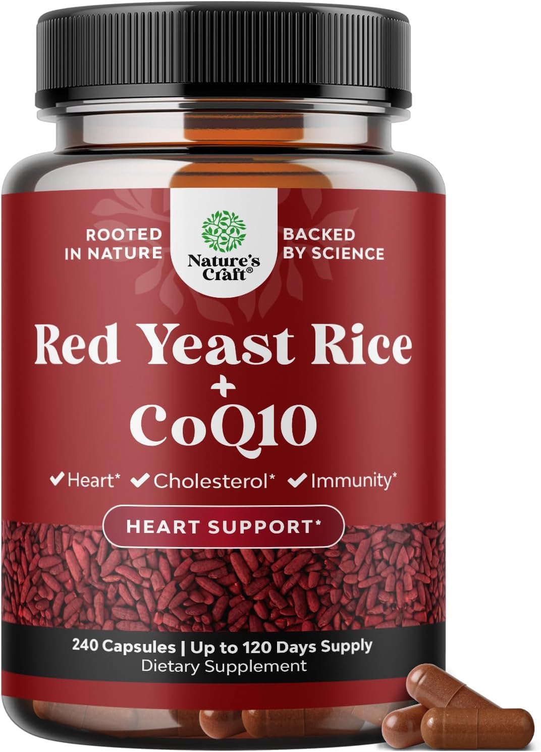 Natures Craft Arroz de Levadura Roja con CoQ10, botella para uso diario.
