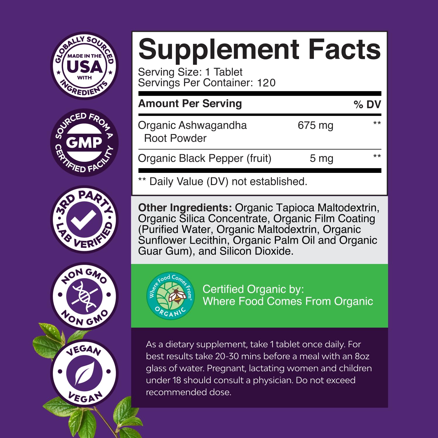 Etiqueta informativa de Natures Craft con ingredientes orgánicos detallados.