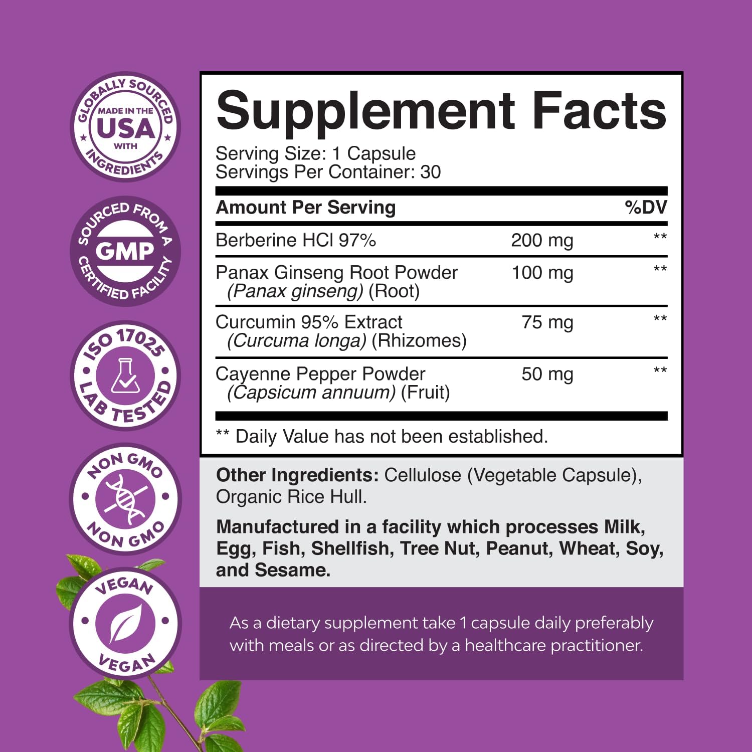 Etiqueta de berberina, cúrcuma y cayena con lista de ingredientes de Natures Craft