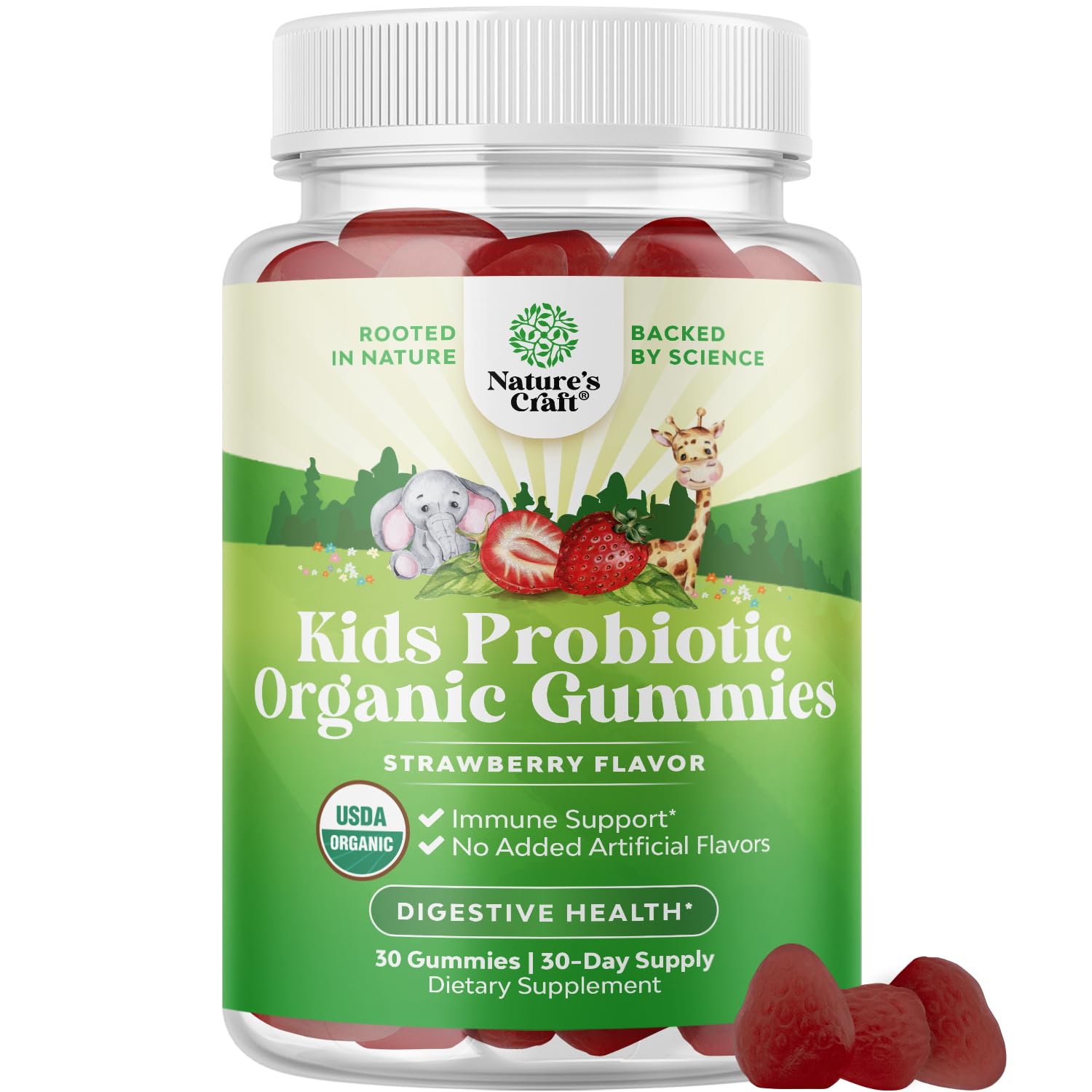 Natures Craft gomitas probióticas para niños en botella, apoyo digestivo suave.