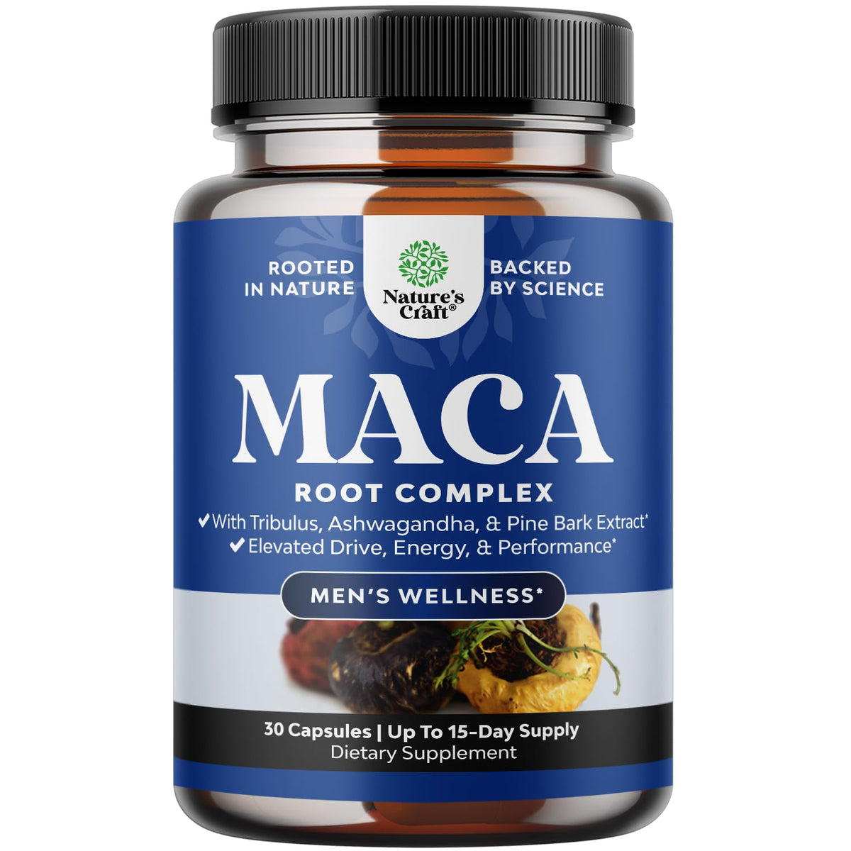 Natures Craft cápsulas de maca negra para apoyo diario y vitalidad.