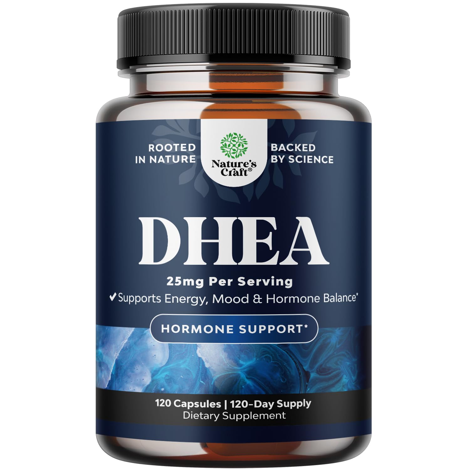 DHEA de Nature's Craft en botella, promueve equilibrio hormonal y bienestar diario.