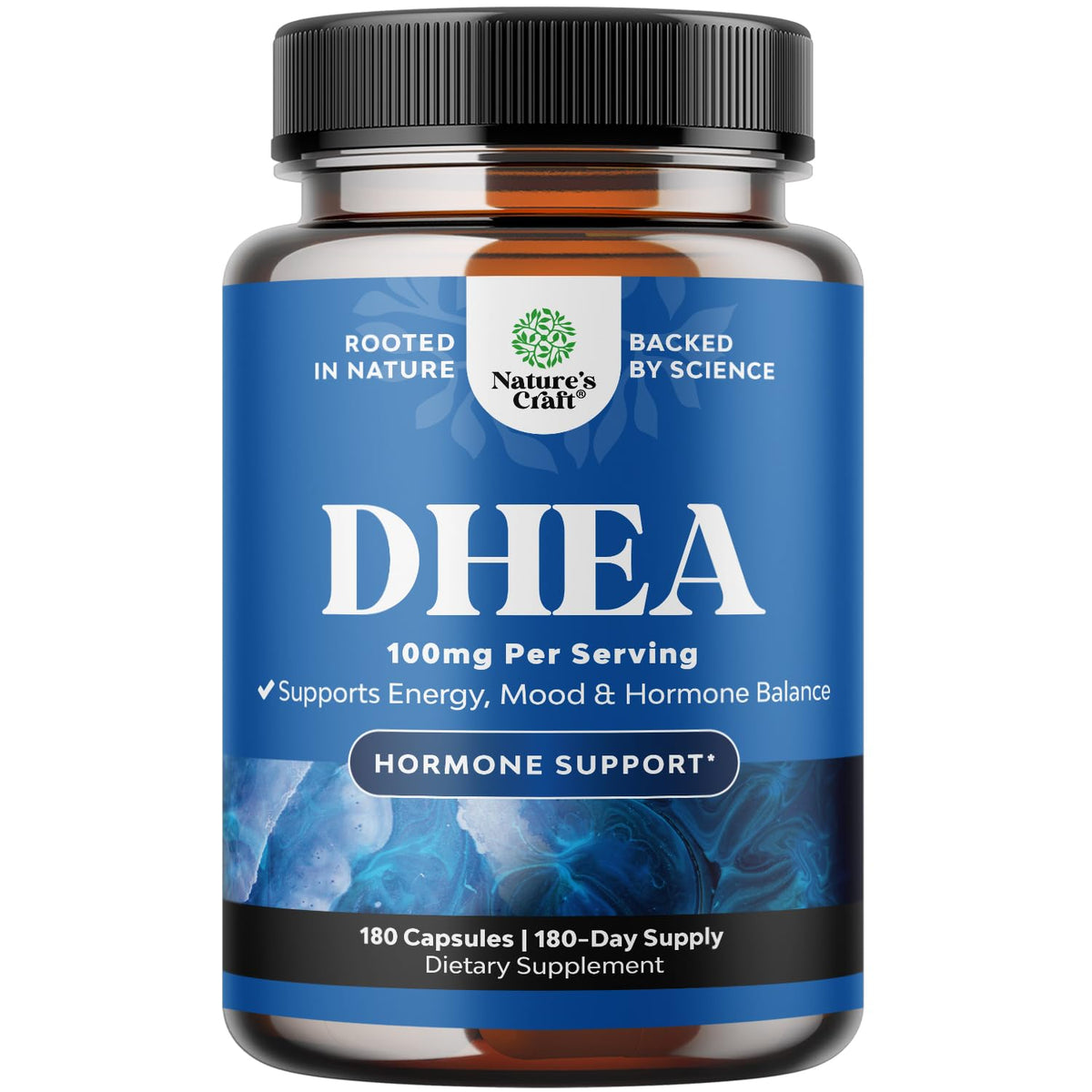 Natures Craft DHEA, botella de cápsulas, posible equilibrio hormonal para energía diaria