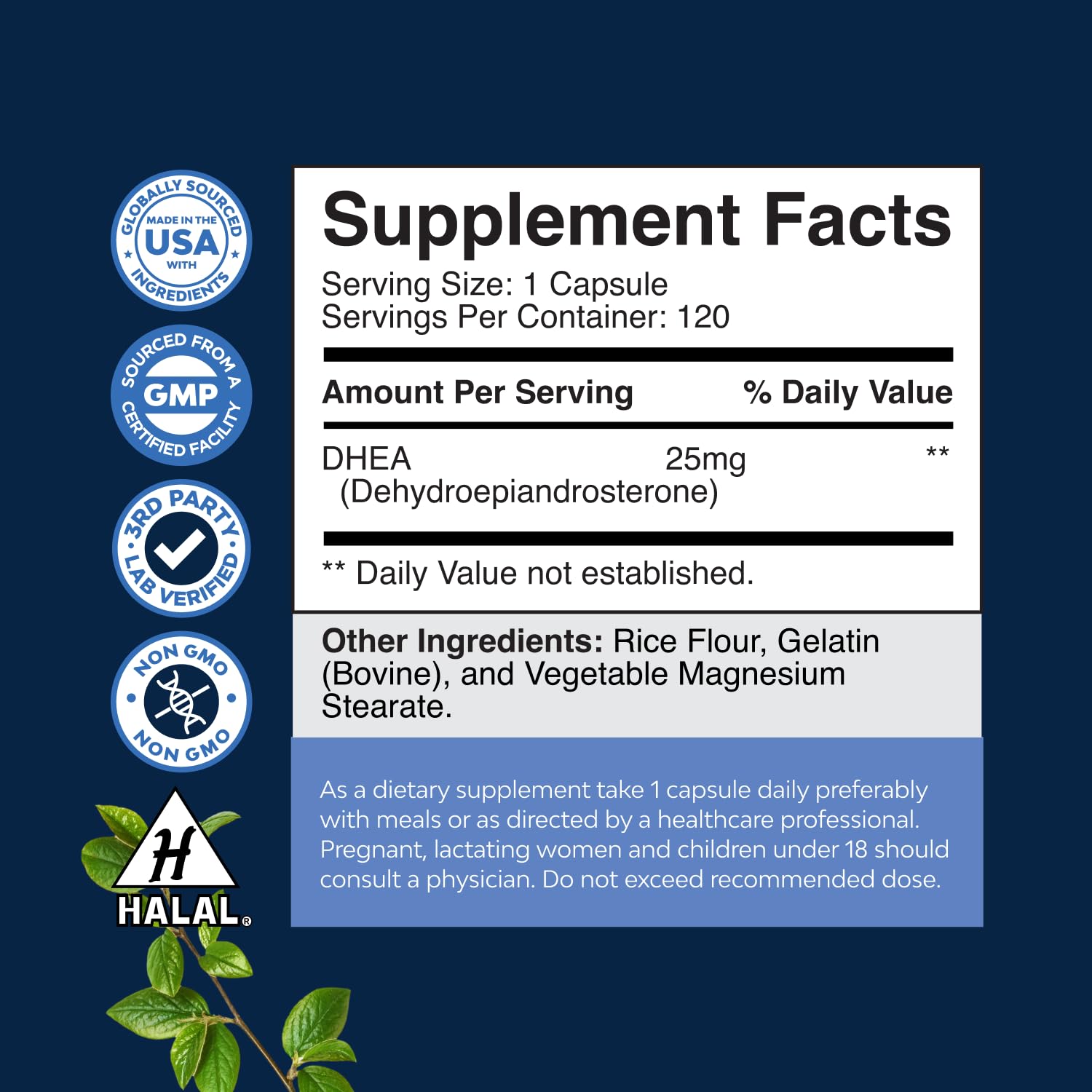 Cápsulas de DHEA Nature's Craft, dosis de 25 mg para uso diario.