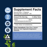 Cápsulas de DHEA Nature's Craft, dosis de 25 mg para uso diario.