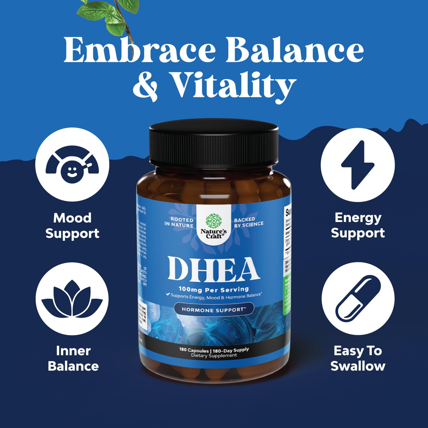 Natures Craft DHEA, etiqueta frontal, señal de ingredientes y calidad