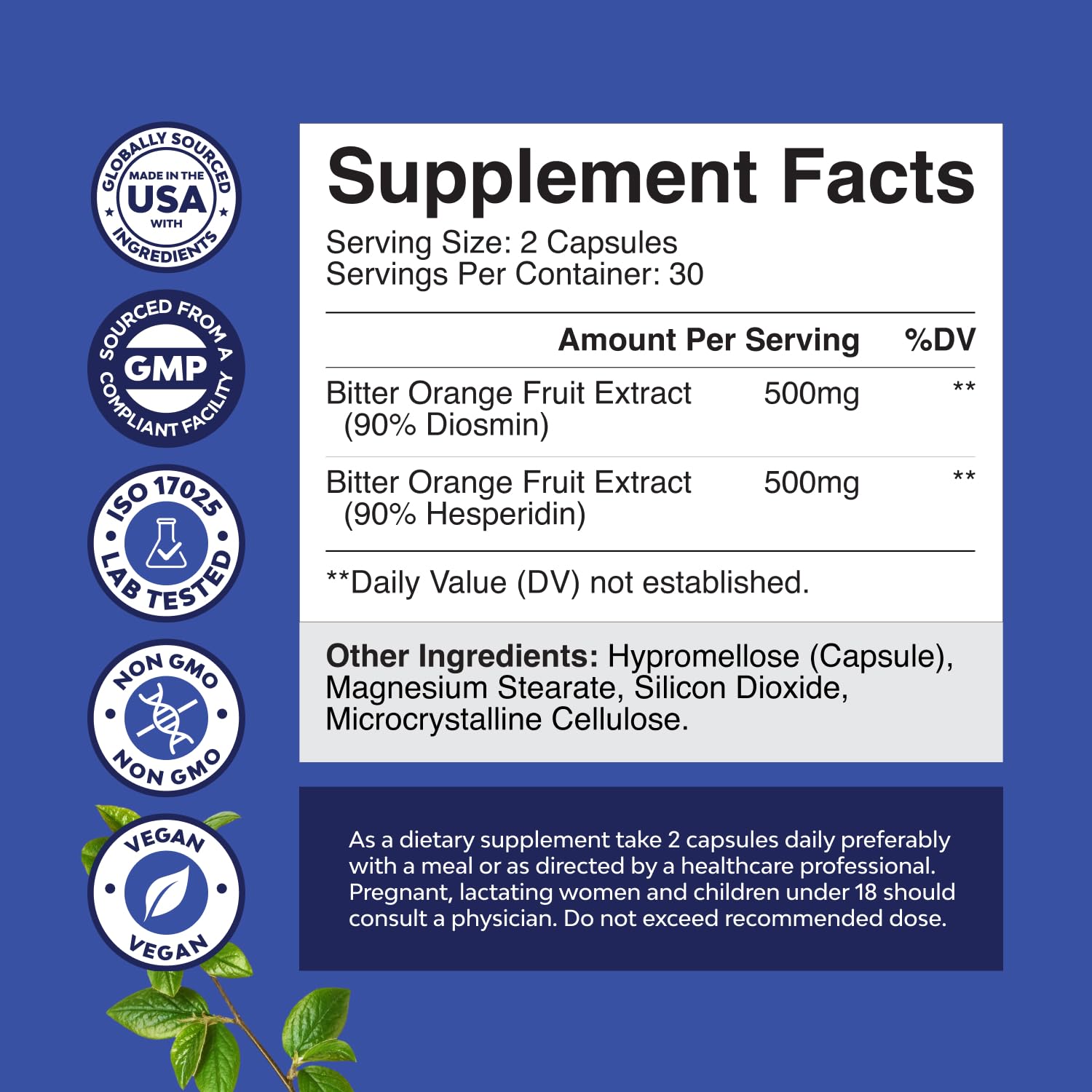 Natures Craft Diosmin Hesperidina 1000 mg: etiqueta frontal con información de ingredientes cítricos.