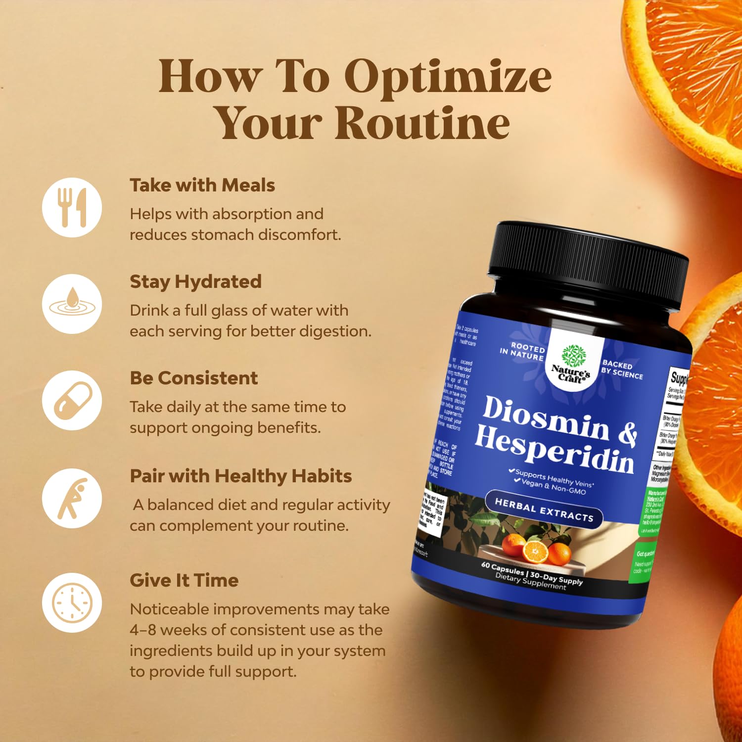 Natures Craft Diosmin Hesperidina 1000 mg: ingredientes cítricos amargos para apoyo vascular.