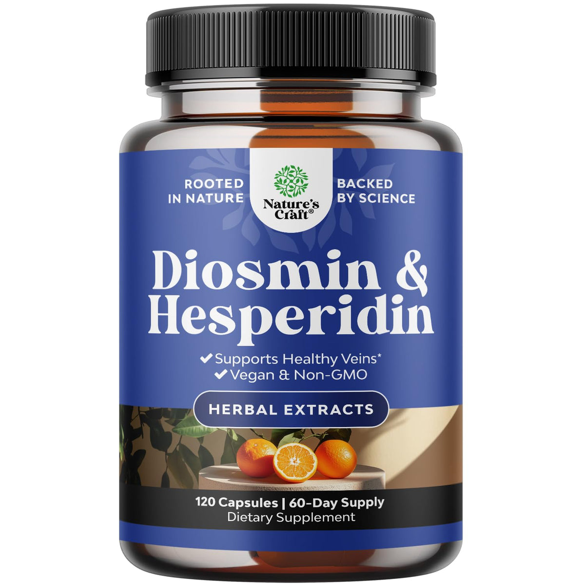 Nature's Craft Diosmina Hesperidina 1000mg: botella vertida, apoyo a la circulación diaria.
