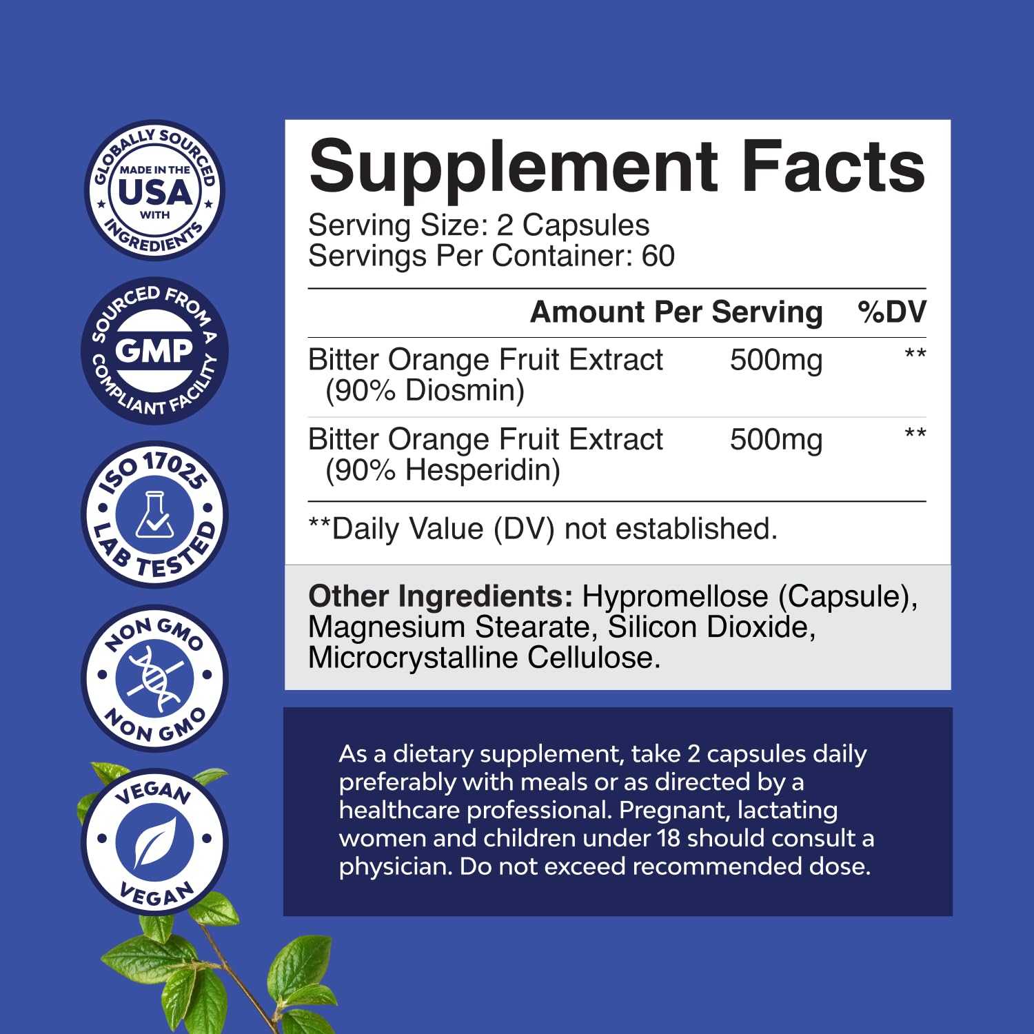 Nature's Craft Diosmina Hesperidina 1000mg: etiqueta frontal con información de calidad.