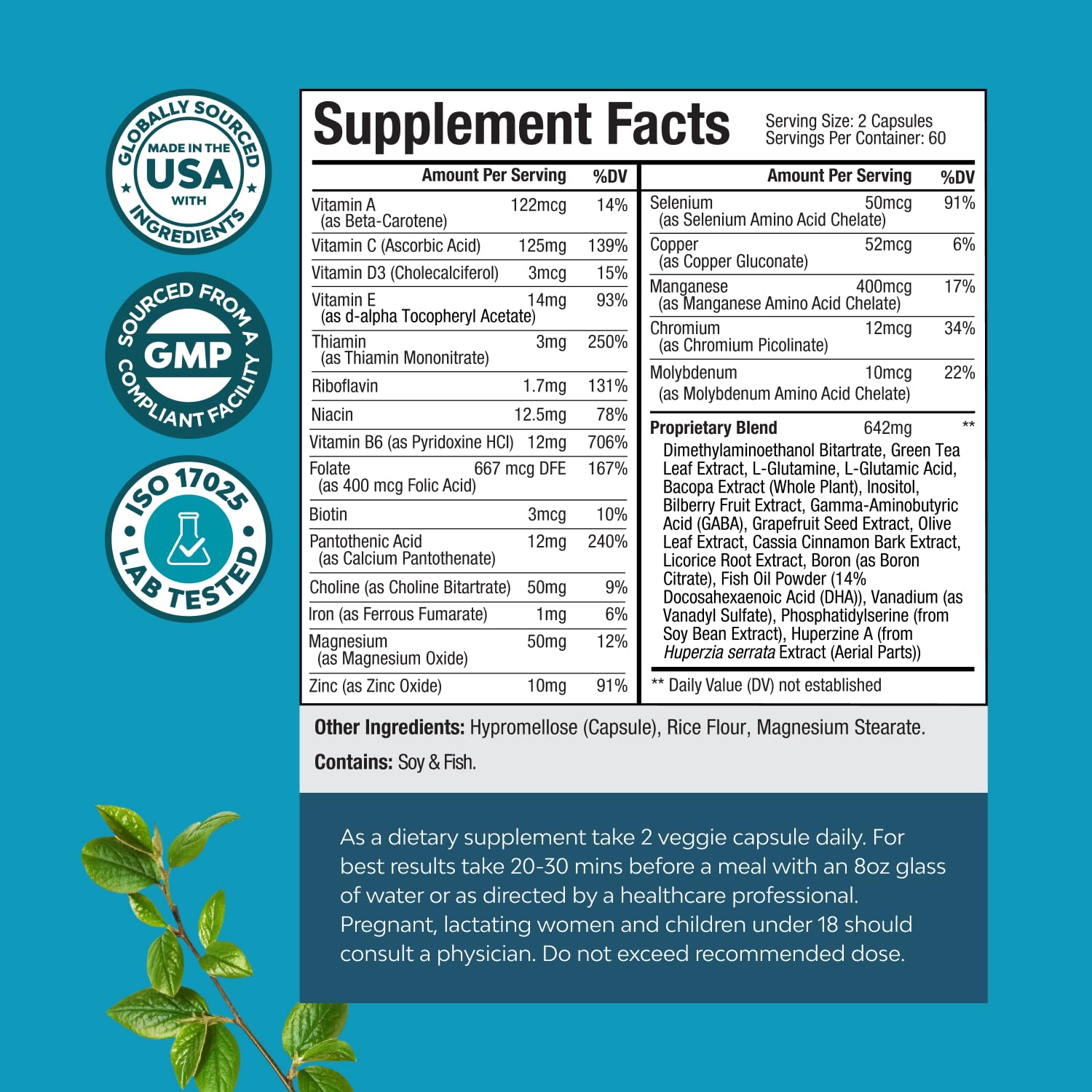 Etiqueta de Natures Craft explica ingredientes clave para el soporte cognitivo.