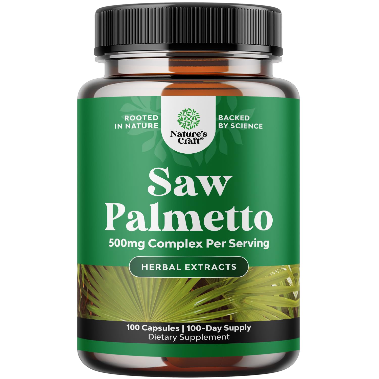 Natures Craft Extracto Saw Palmetto 500 mg en botella, apoyo diario recomendado.
