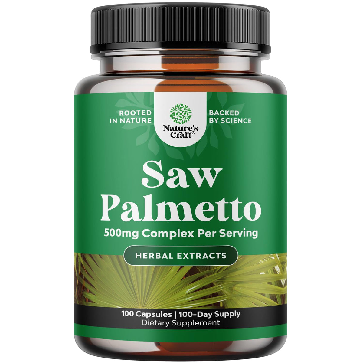 Natures Craft Extracto Saw Palmetto 500 mg en botella, apoyo diario recomendado.