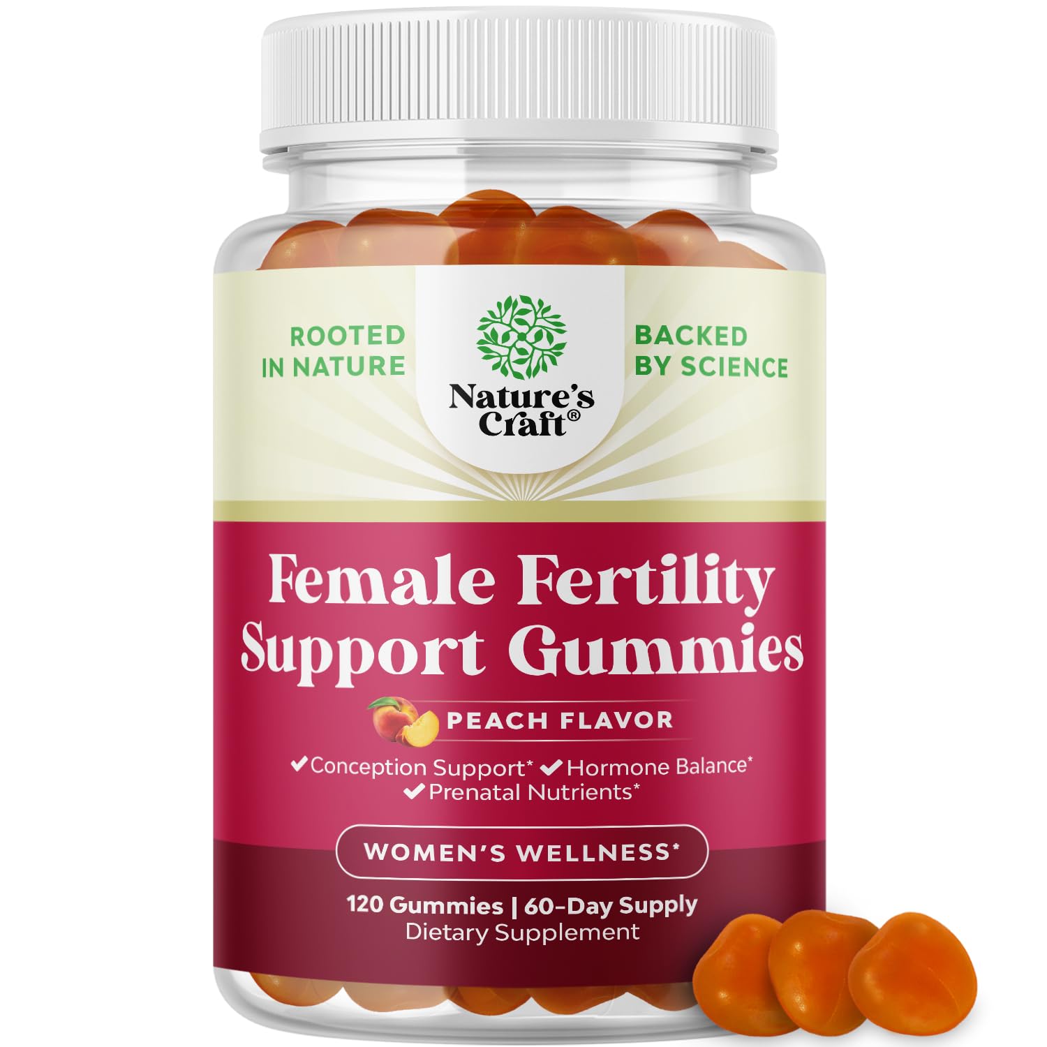 Natures Craft Fertility Gummies, botella frontal, idea de suplementación diaria conveniente.
