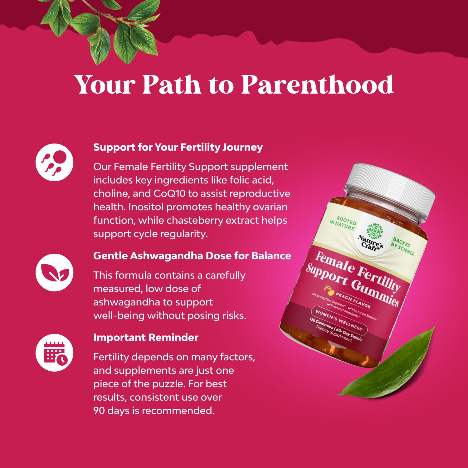 Natures Craft Fertility Gummies, etiqueta sin OGM para una opción natural.