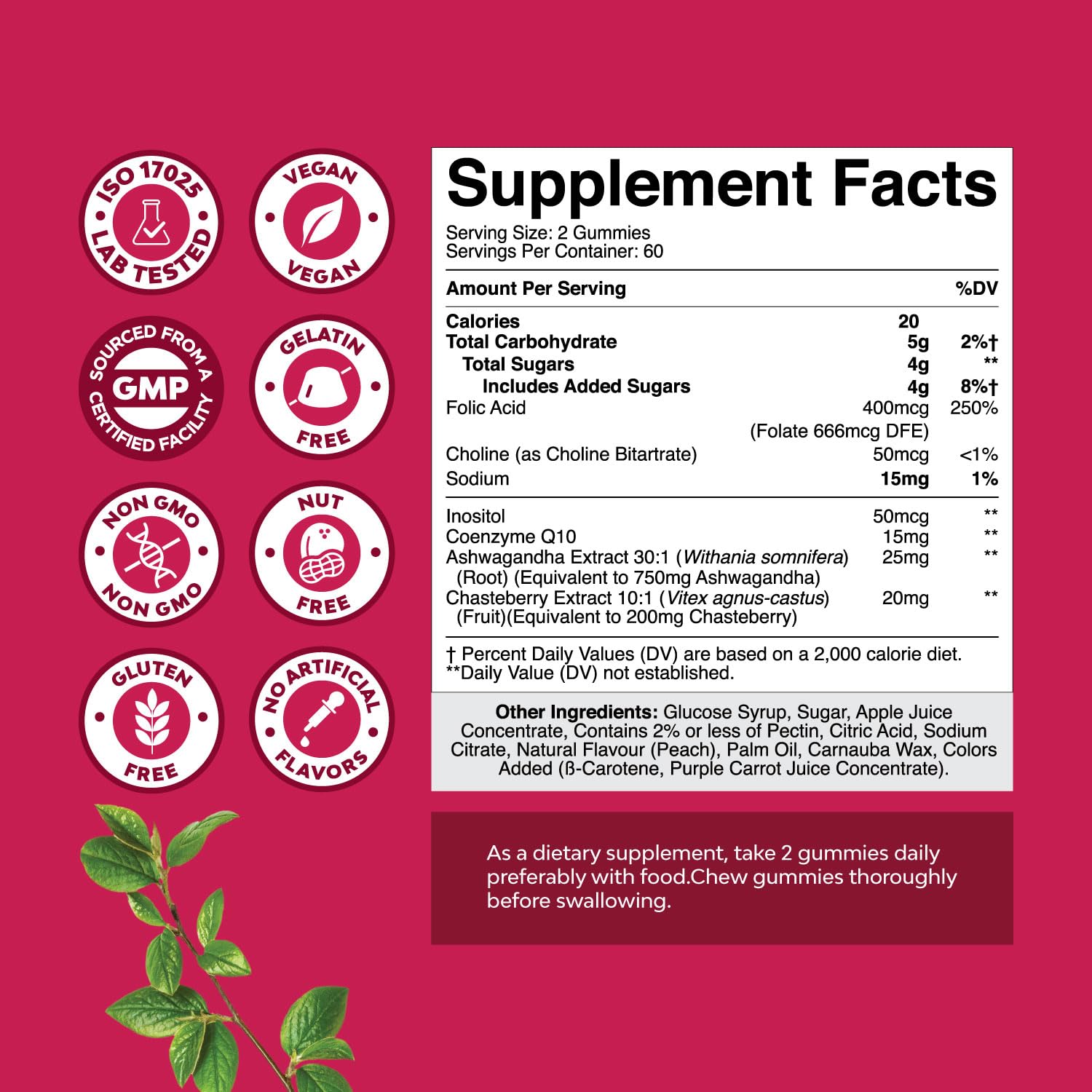 Natures Craft Fertility Gummies, sabor melocotón jugoso para una ingesta diaria agradable.