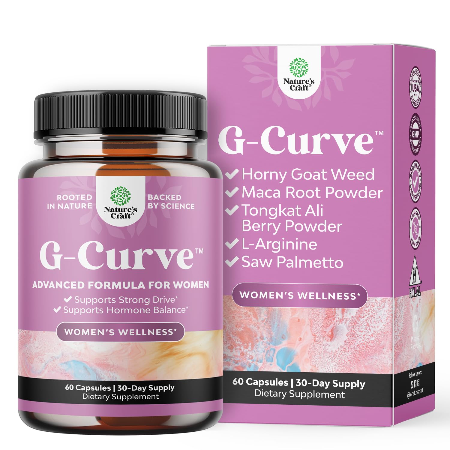 Cápsulas G-Curve de Natures Craft, botella para apoyo suave a curvas.