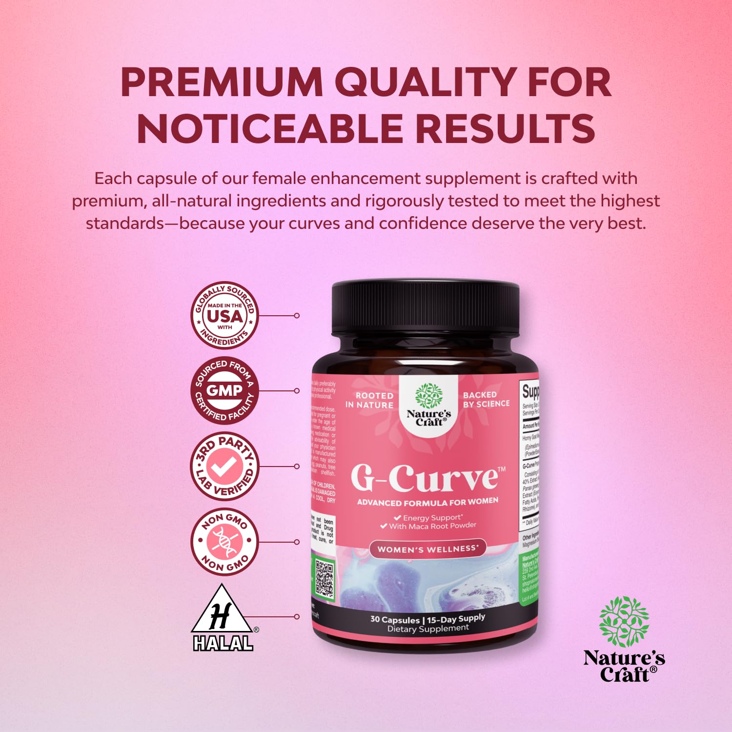 Ingredientes herbales de Natures Craft G-Curve, fórmula herbal para cuidado diario.