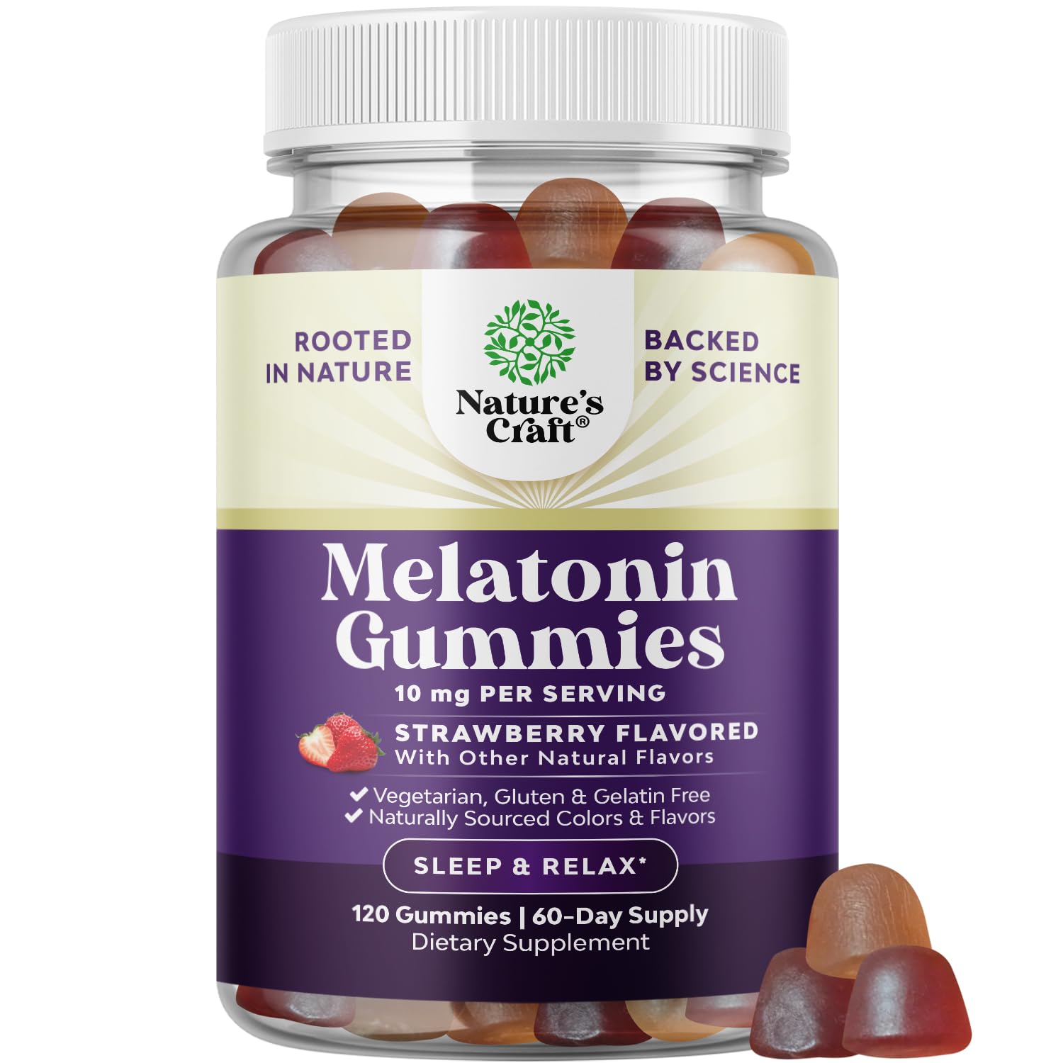 Gominolas de melatonina Natures Craft en botella promueven sueño suave y reparador