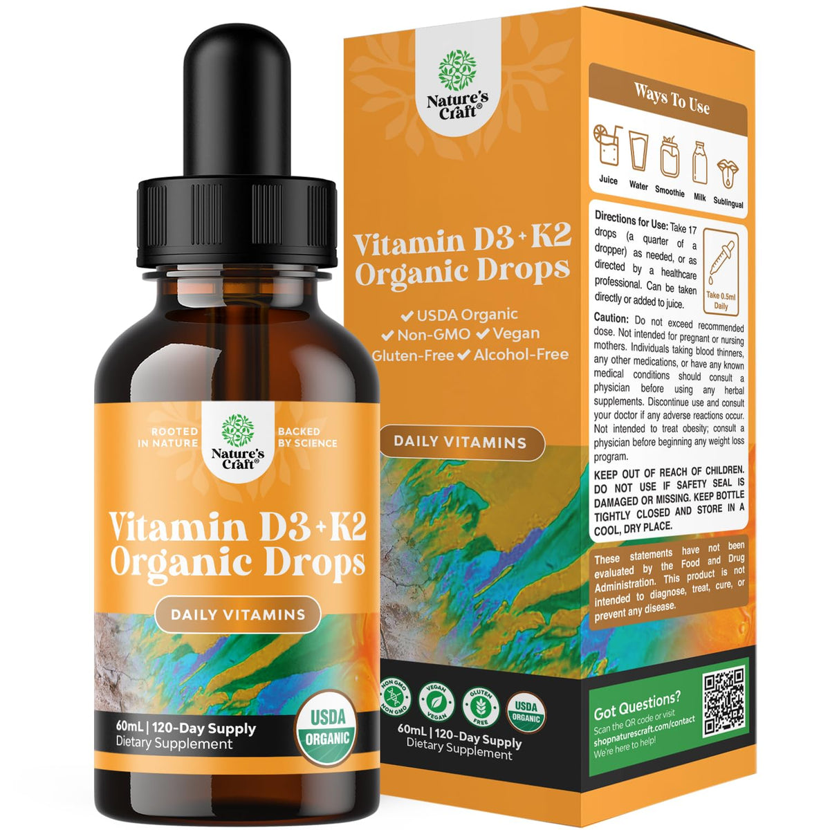 Natures Craft Gotas D3 K2 en frasco para dosis diaria y apoyo óseo potencial