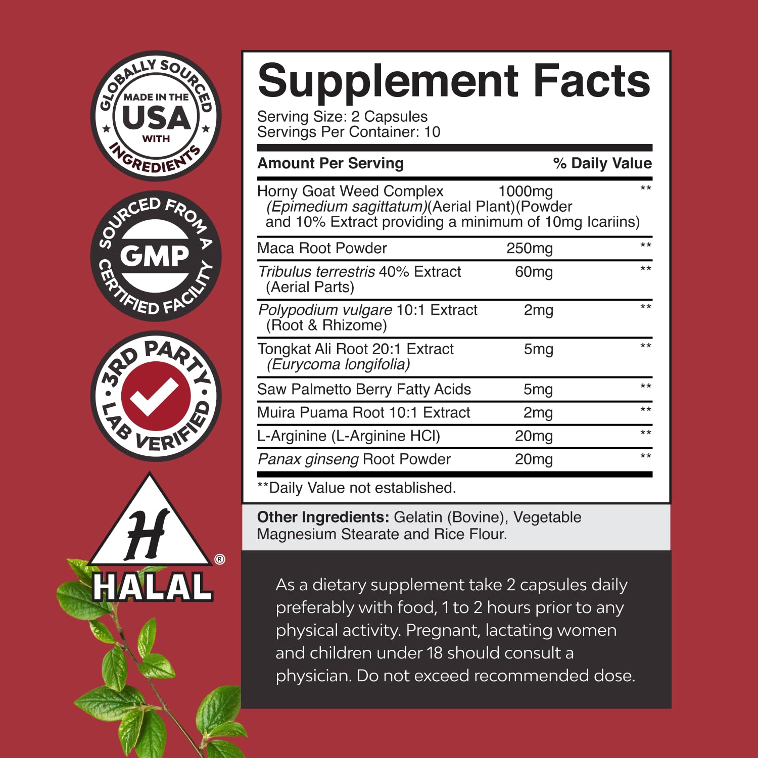 Natures Craft etiqueta clara, muestra ingredientes clave para la salud masculina.