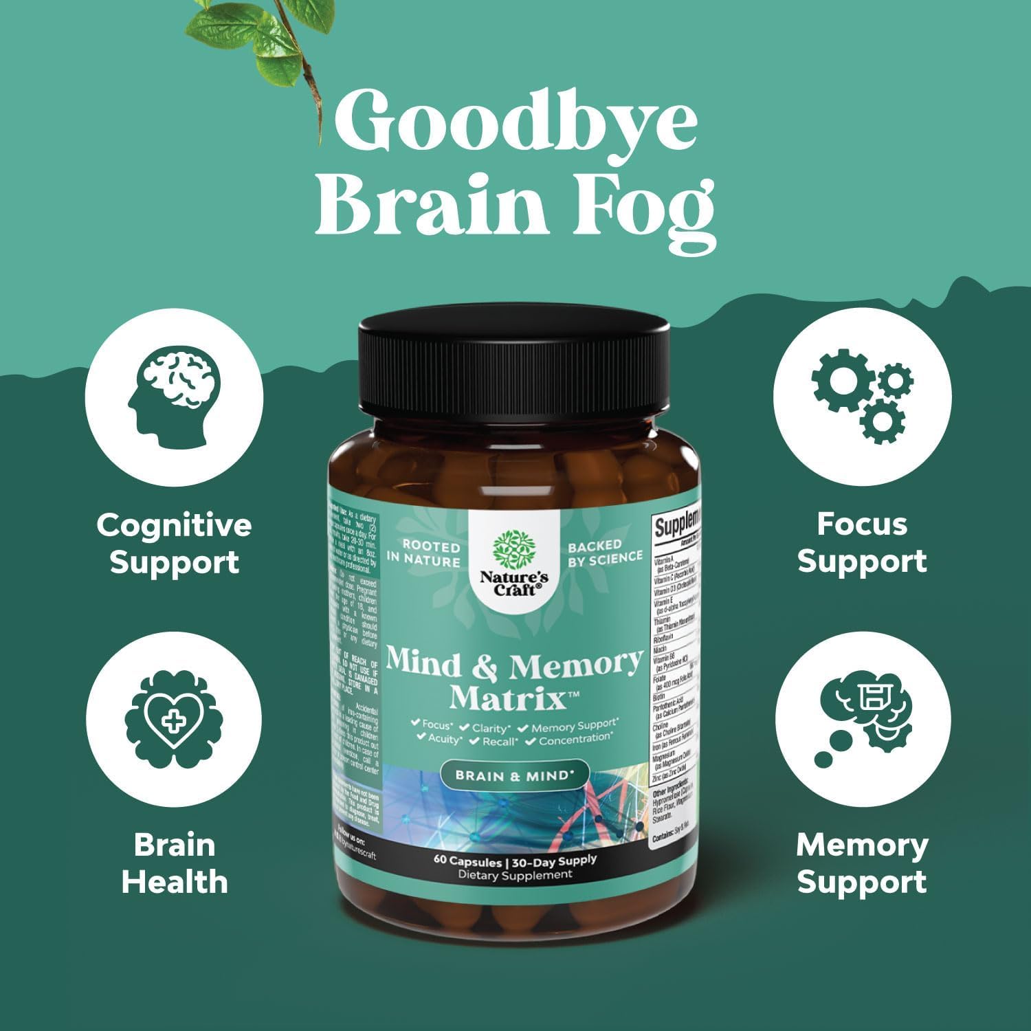 Ingredientes DMAE, Huperzine A y Bacopa en Natures Craft para memoria y enfoque
