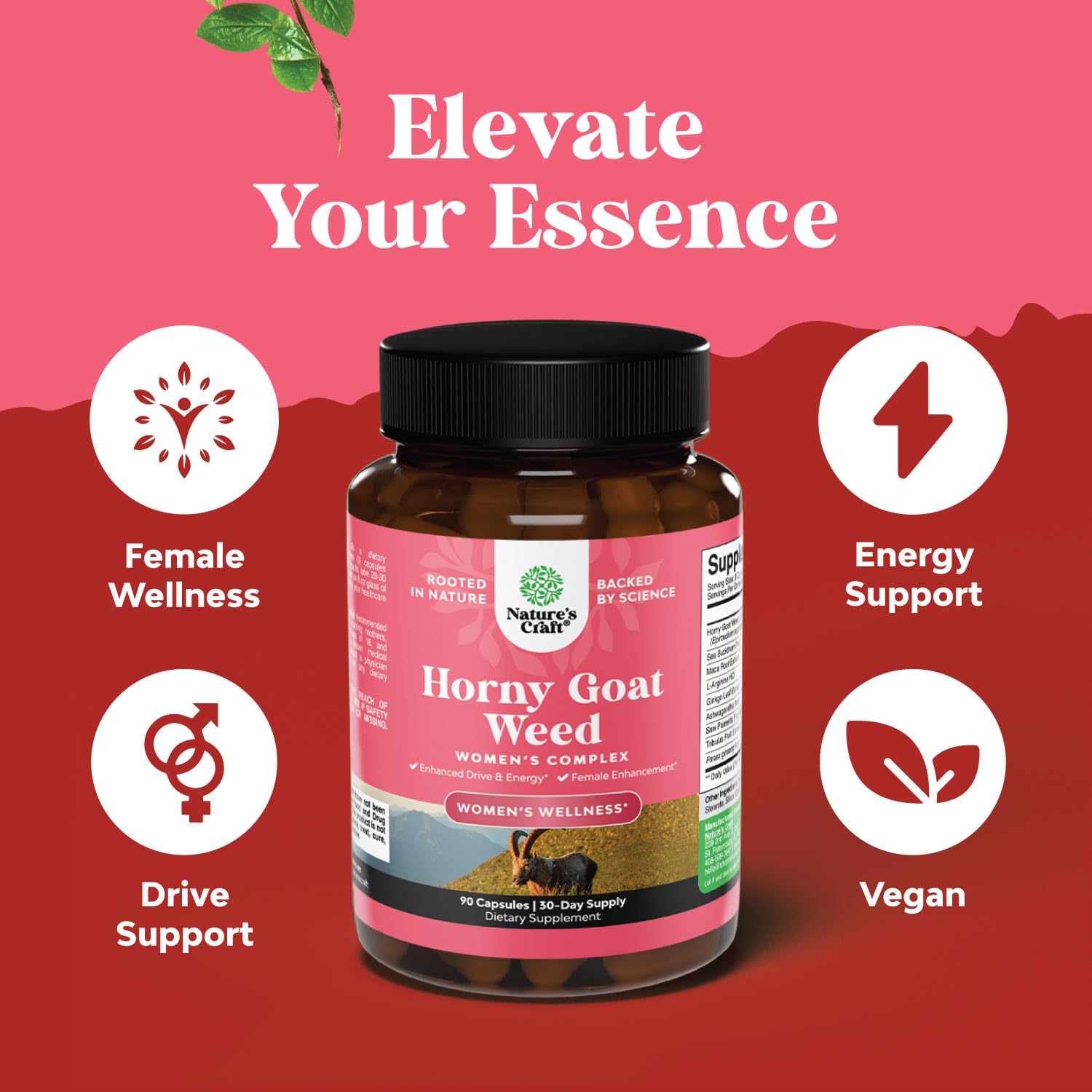 Ingredientes maca y tribulus en Natures Craft para bienestar femenino.