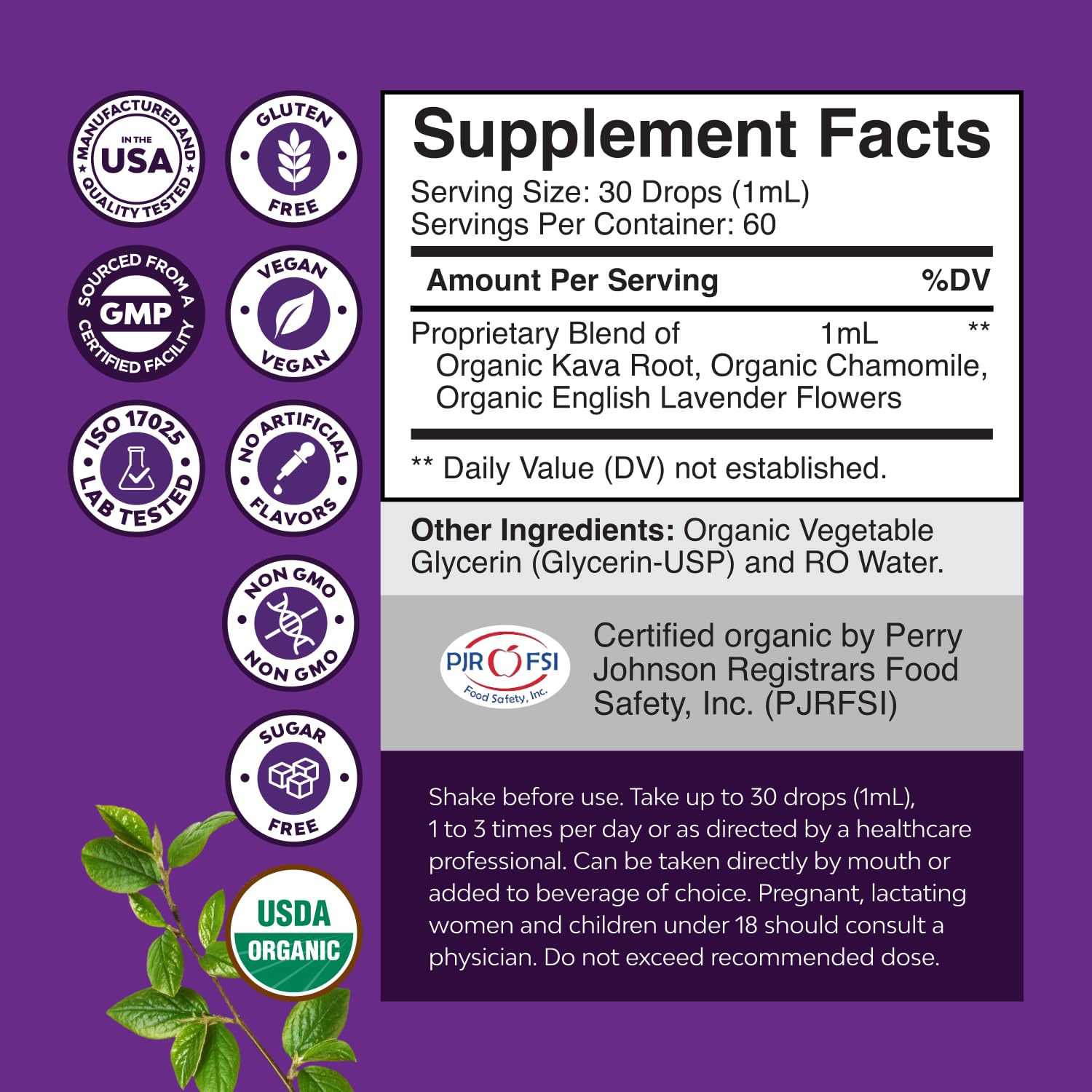 Natures Craft Kava Kava gotas lavanda etiqueta destaca origen y seguridad