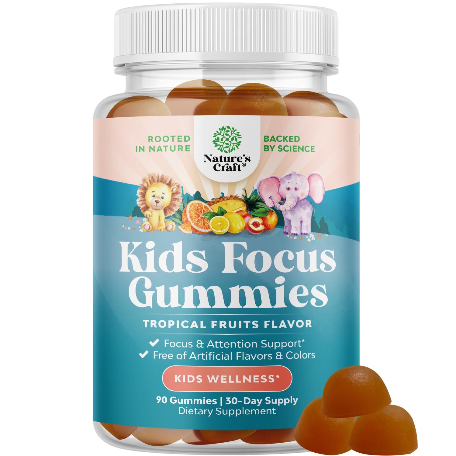 Gomitas Natures Craft para niños frente al envase, apoyo a la concentración diaria