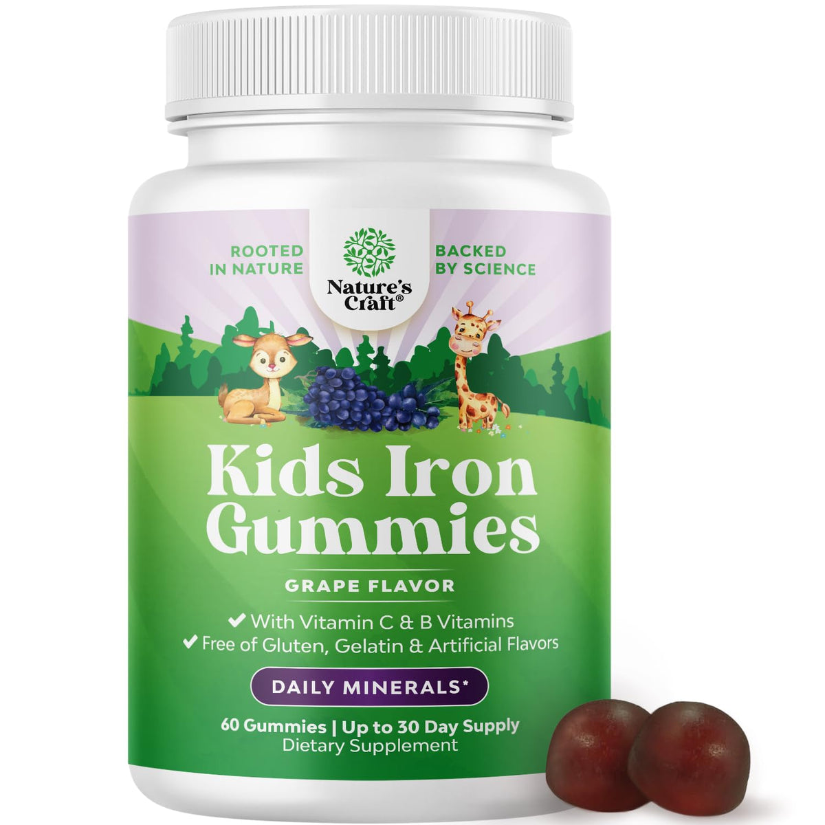 Gomitas de hierro para niños de Natures Craft en botella, sabor suave para energía diaria.