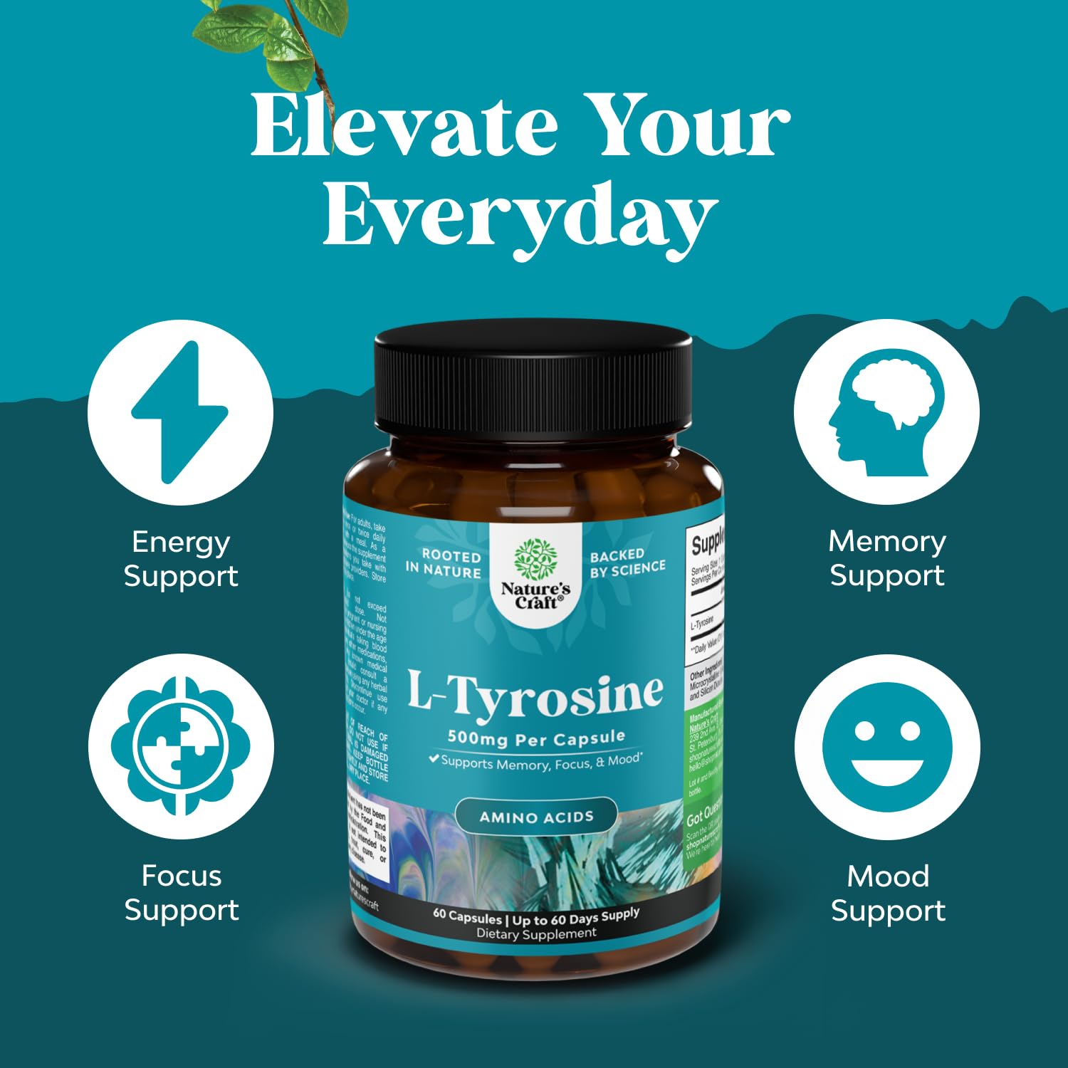 Natures Craft L-Tirosina 500mg, dosis diaria conveniente para uso regular.