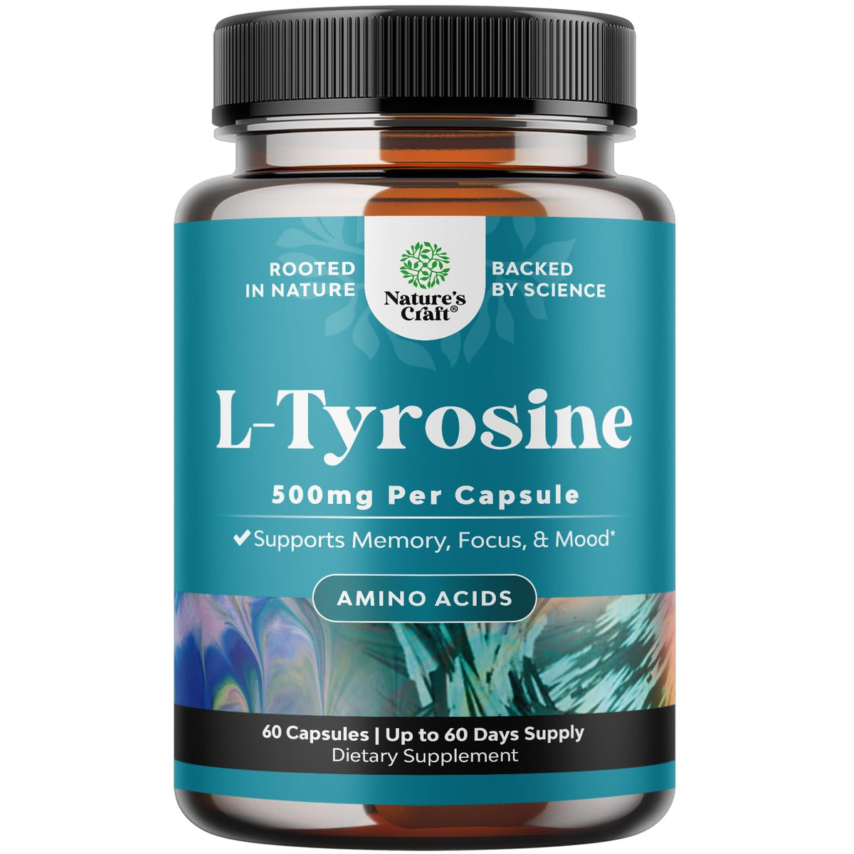 Natures Craft L-Tirosina 500mg cápsulas en empaque, soporte para energía mental diaria.