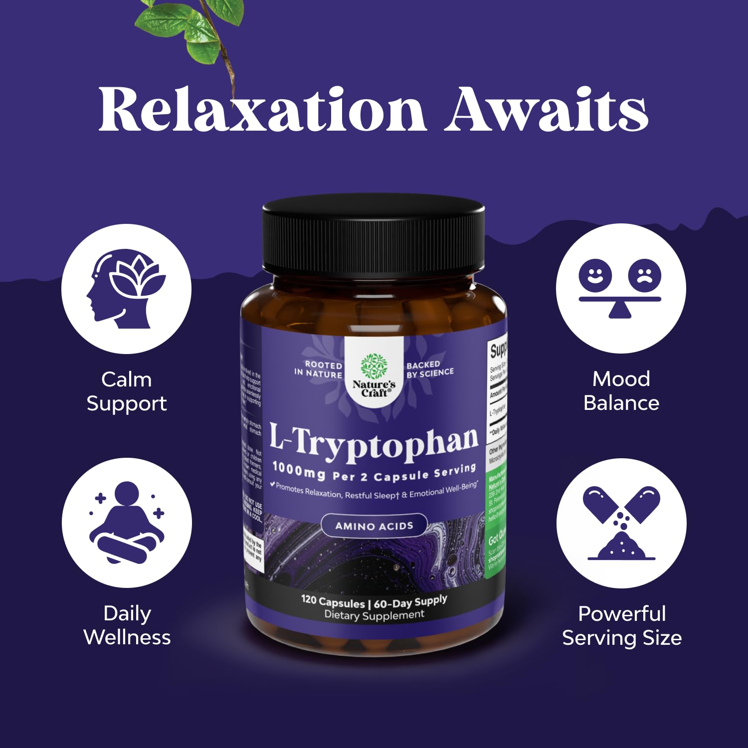 Frasco de Natures Craft L-Tryptophan, producto puro y de alta potencia