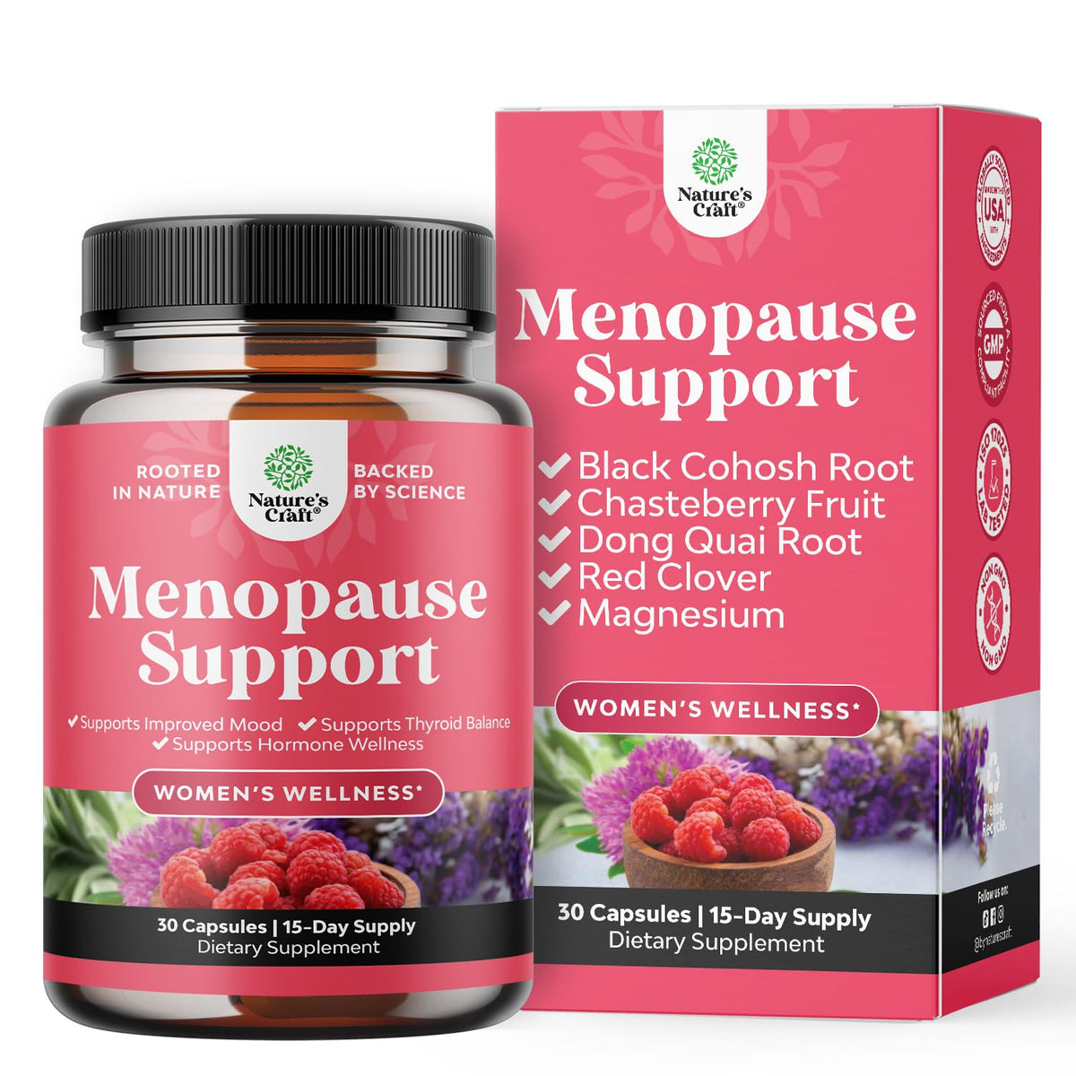 Natures Craft Menopausia: botella de cápsulas para apoyo al equilibrio hormonal