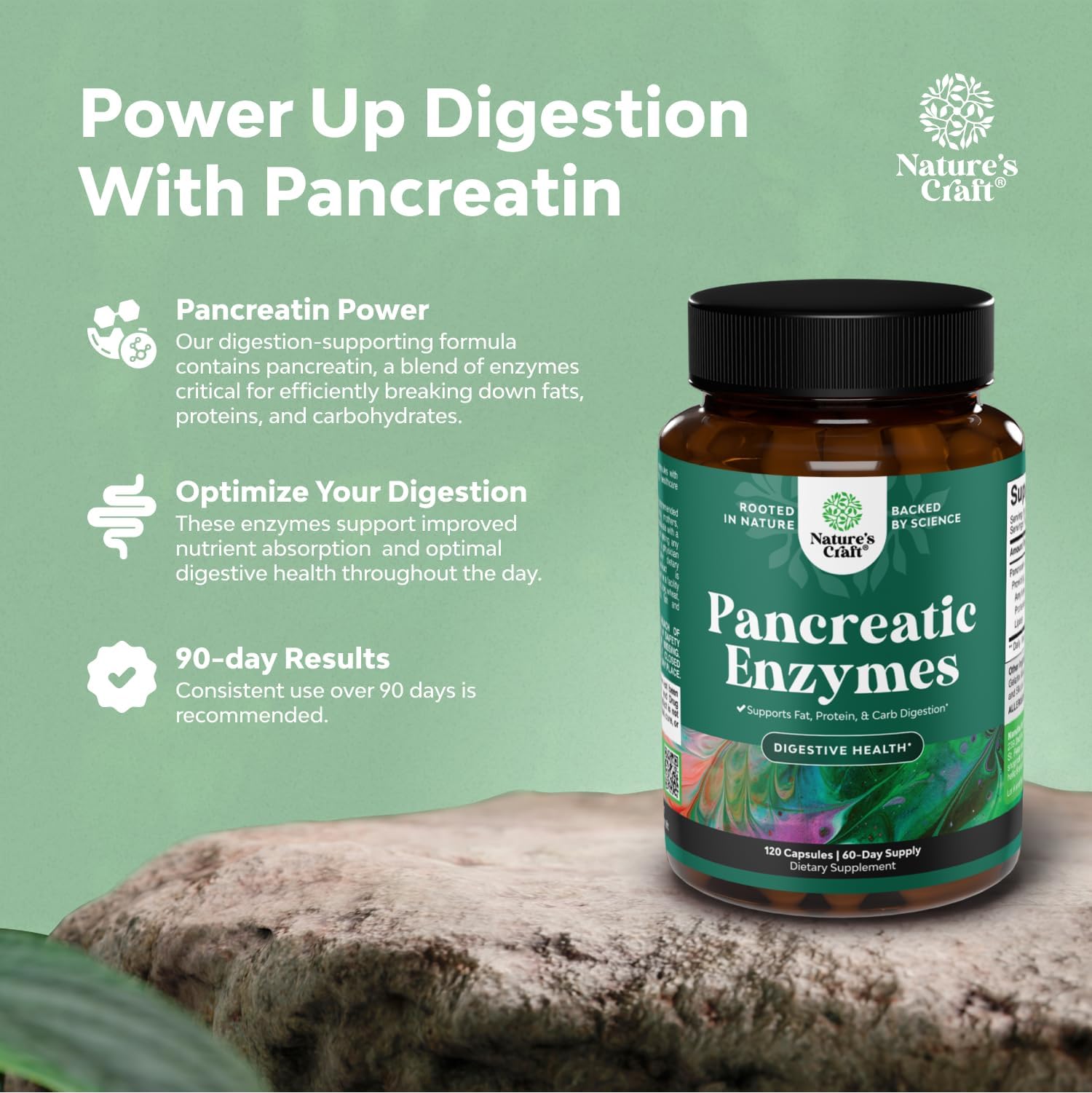 Frasco de Pancreatin Digestive Enzymes, destaca el sello GMP para confianza en seguridad de ingredientes.