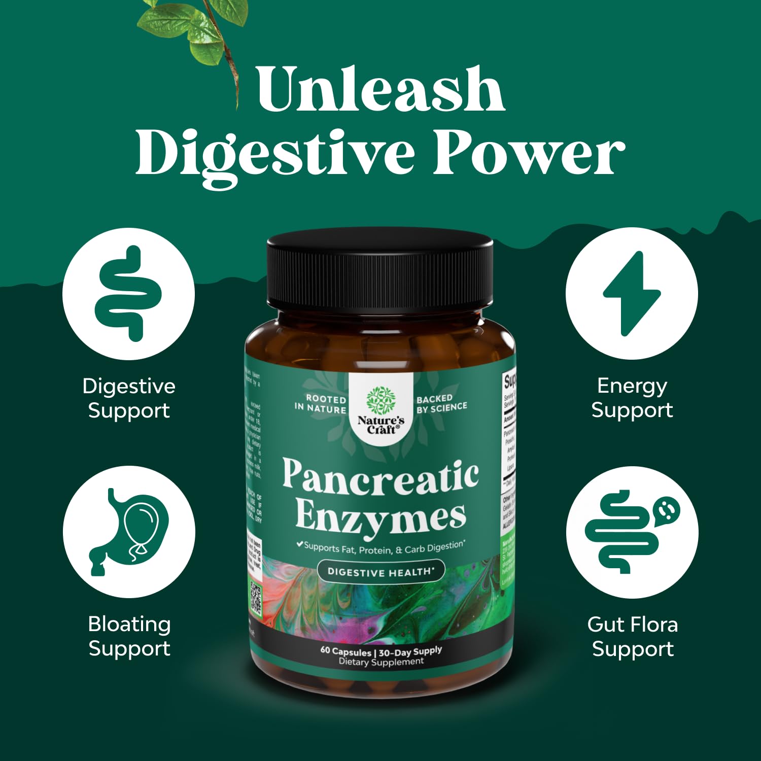 Natures Craft Pancreatina Enzimas Digestivas, tableta cercana para detalle de formulación