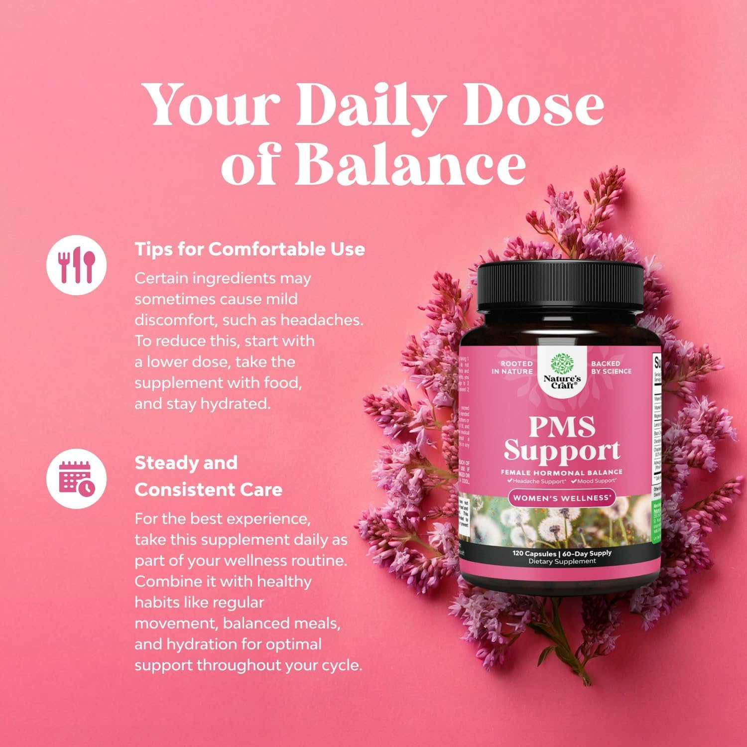 Ingredientes clave de Natures Craft PMS para equilibrio hormonal.