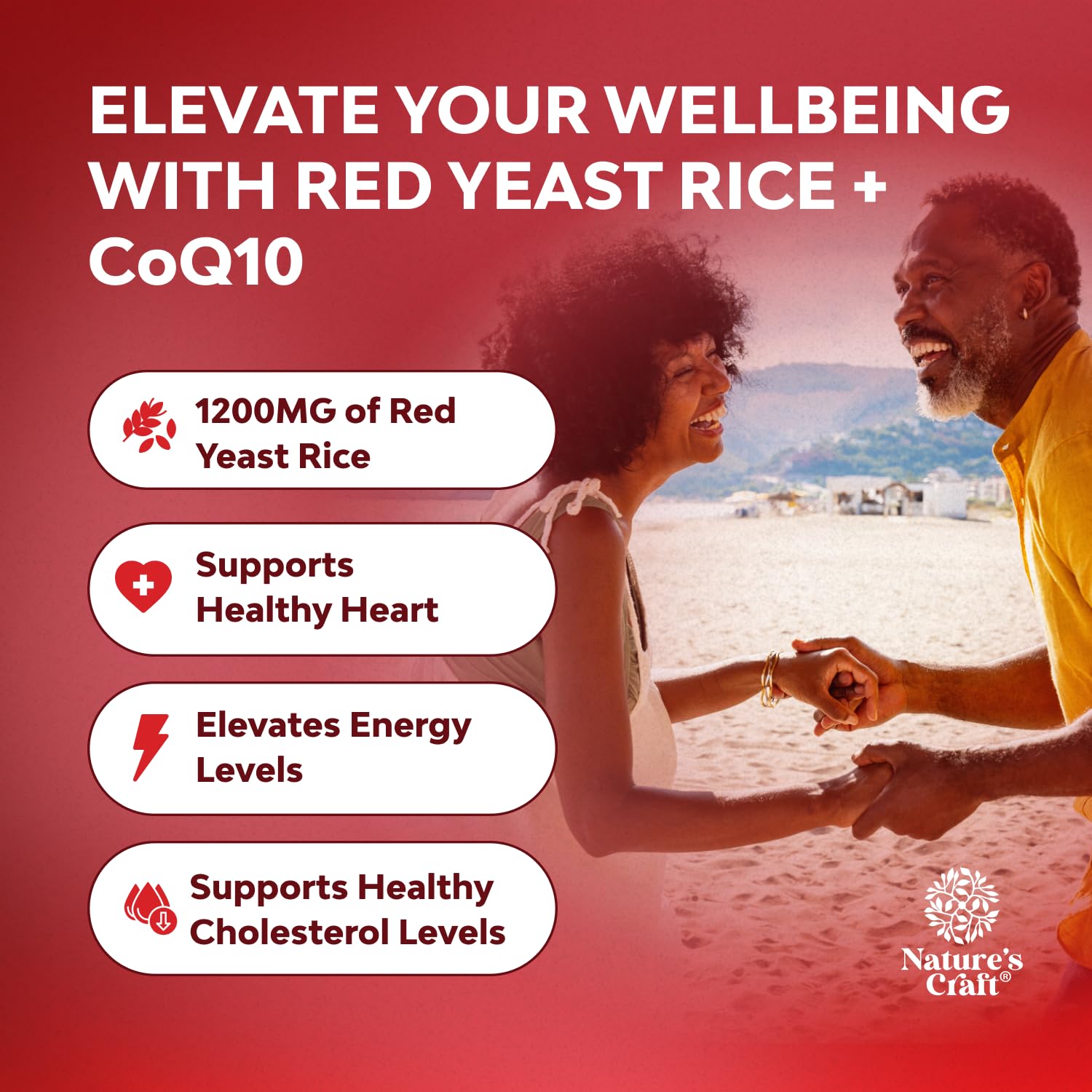 Natures Craft Red Yeast Rice con CoQ10, caja producto facilita revisión de beneficios